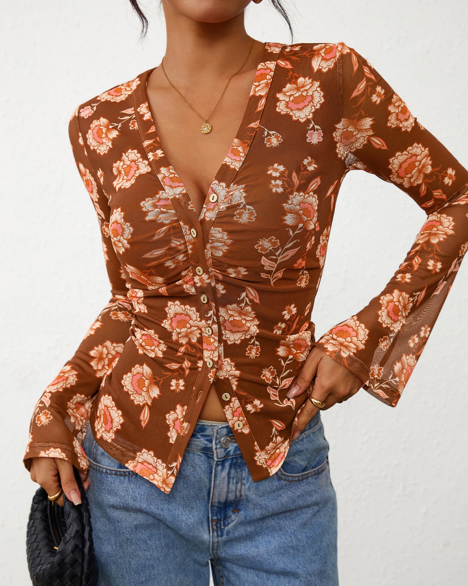 FreshPretty Button Down Shirts for Women Fall Fashion V Neck Long Sleeve Blouse Ruched Mesh Fitted Floral Print Boho Tops