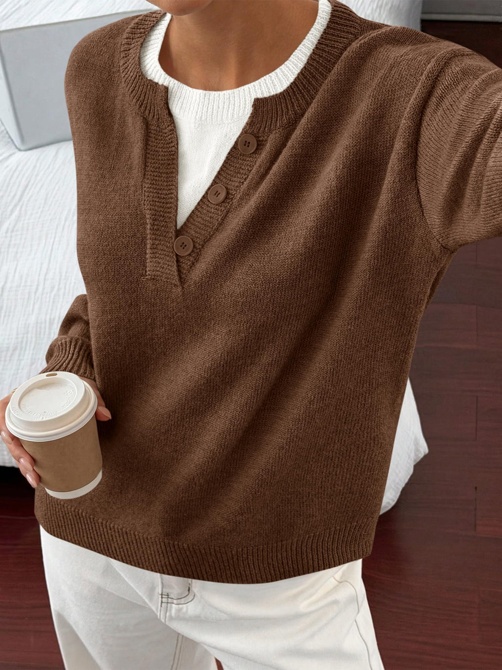 BTFBM Women Long Sleeve Crew Neck Sweaters Tops, 2 in1 Knitted Pullover, Deco Buttons, Oversized, Stretchy, Vacation, Business Casual Outfits, Fall Winter Trendy