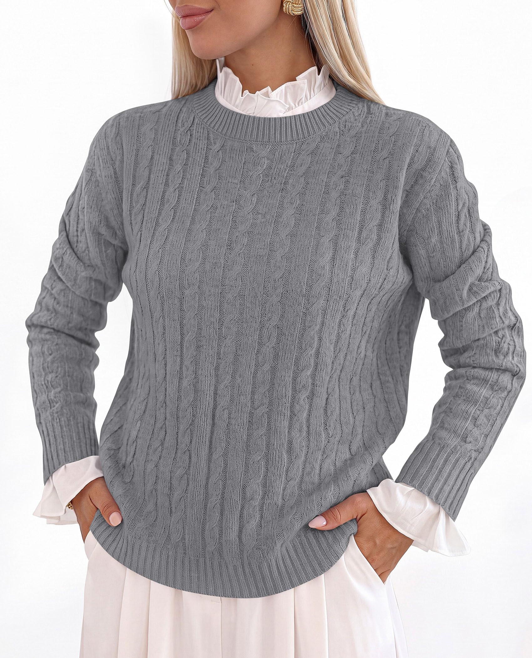 PRETTYGARDEN Women's Cable Knit Sweaters Long Sleeve Pullover Fall Outfits Soft Cozy Knit Tops, Ribbed Crewneck Regular Fit, Basic Daily, Work Business Casual, Teacher Outfits, Winter Layer Clothing