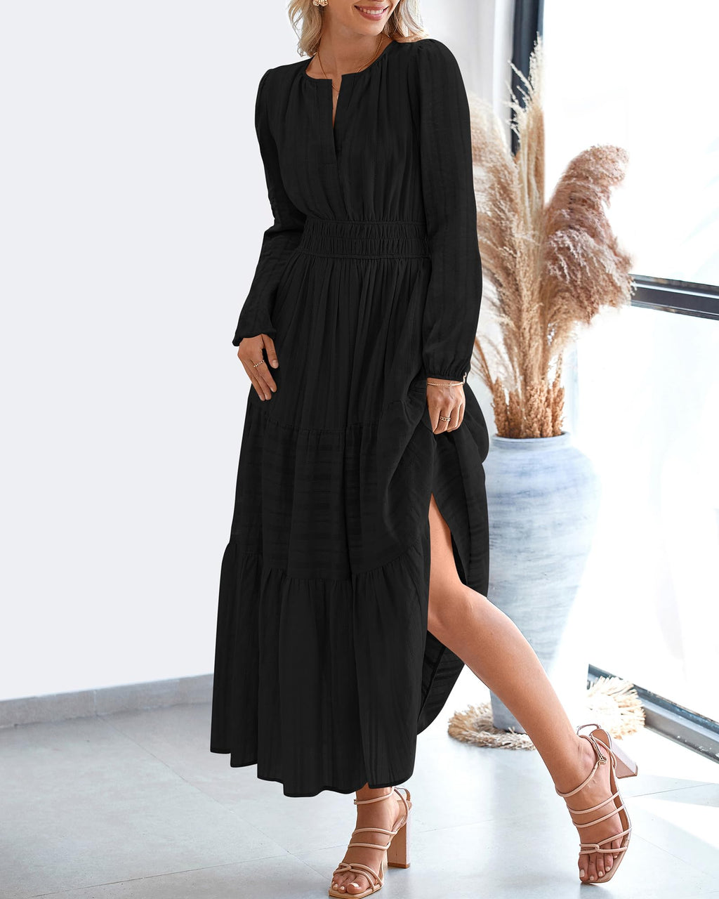 FreshPretty Fall Dresses for Women Casual Long Sleeve V Neck Elastic Waist Lightweight Maxi Wedding Guest Dress Pockets