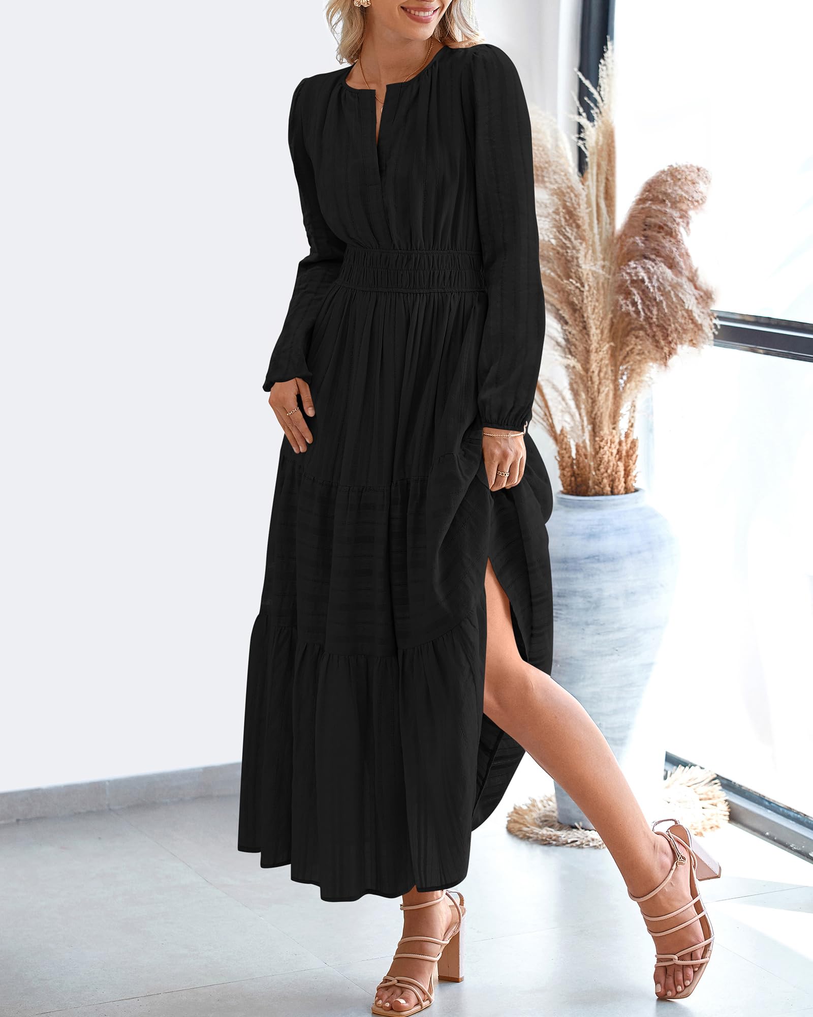 FreshPretty Fall Dresses for Women Casual Long Sleeve V Neck Elastic Waist Lightweight Maxi Wedding Guest Dress Pockets