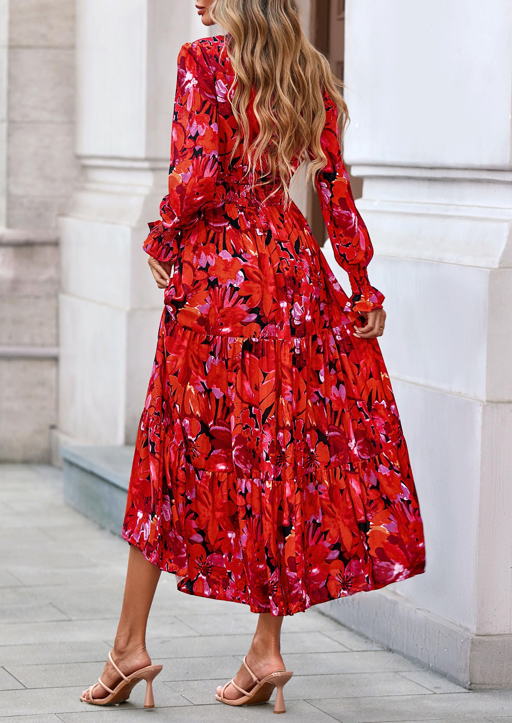 PRETTYGARDEN Women's Floral Maxi Dress Fall Long Sleeve V Neck Casual A Line Long Flowy Boho Party Dresses