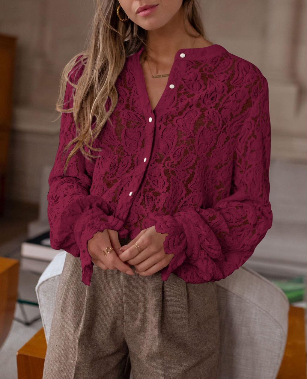 PRETTYGARDEN Women's Dressy Casual Lace Blouse Long Sleeve Button Up Shirts Tops Spring Fall Fashion Clothes