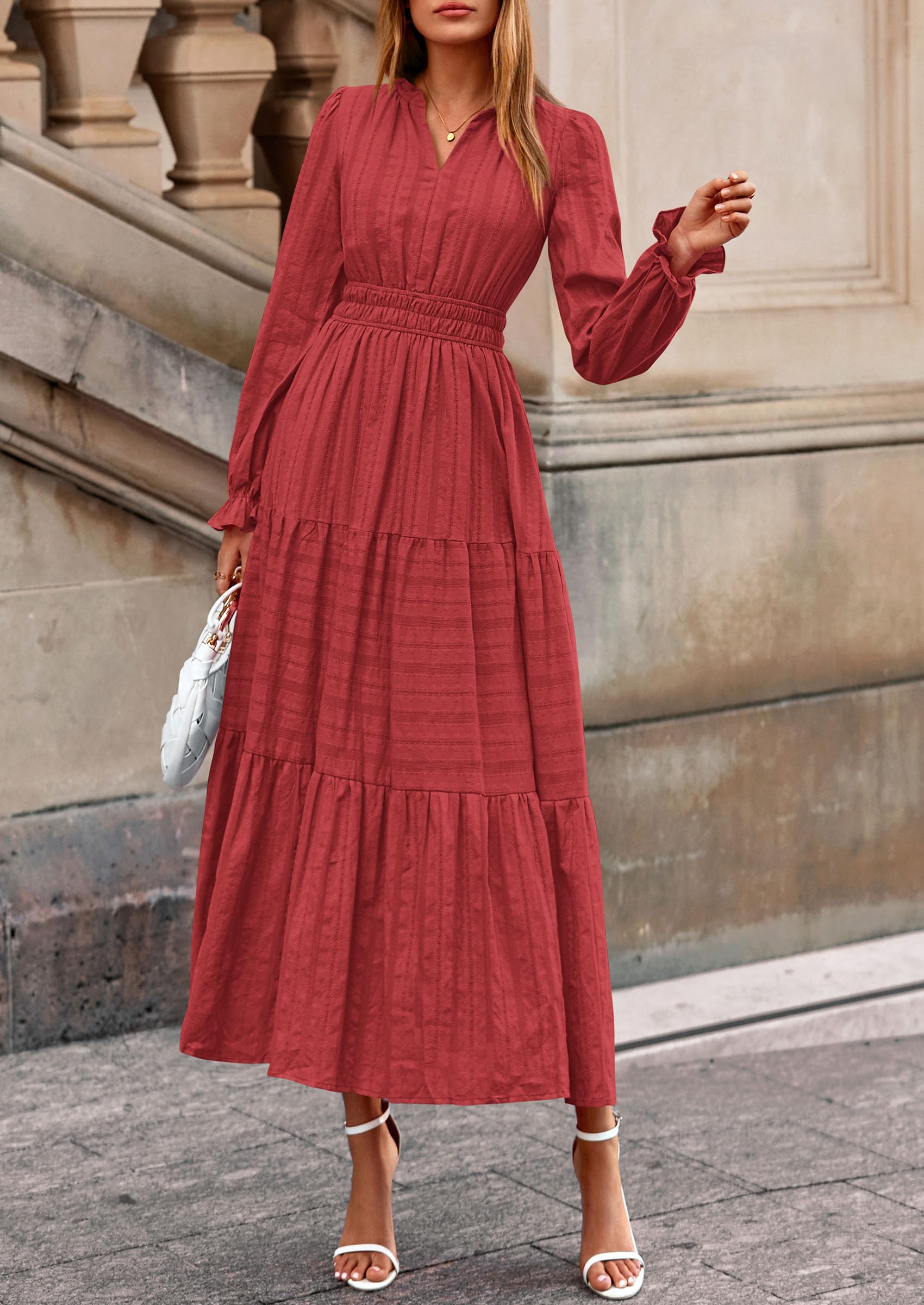 PRETTYGARDEN Women's Fall Wedding Guest Dresses Long Sleeve V Neck Flowy Elegant Holiday Party Maxi Dress with Pockets