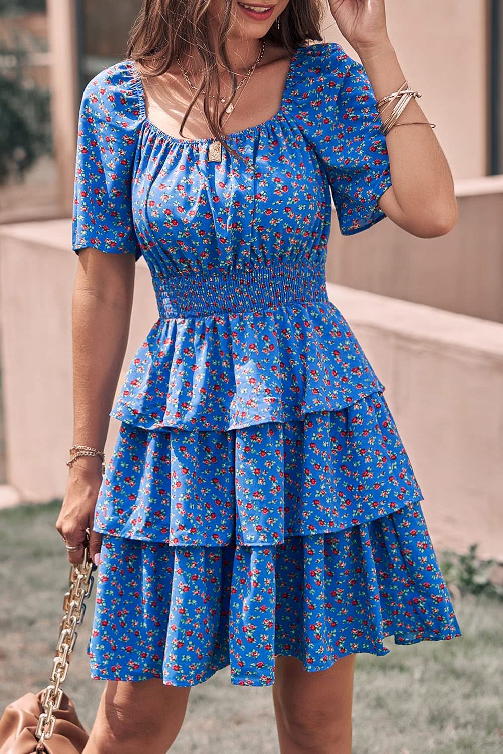 PRETTYGARDEN Women's  Floral Summer Short Dress Square Neck Short Sleeve Tiered Ruffle Boho Swing Dresses