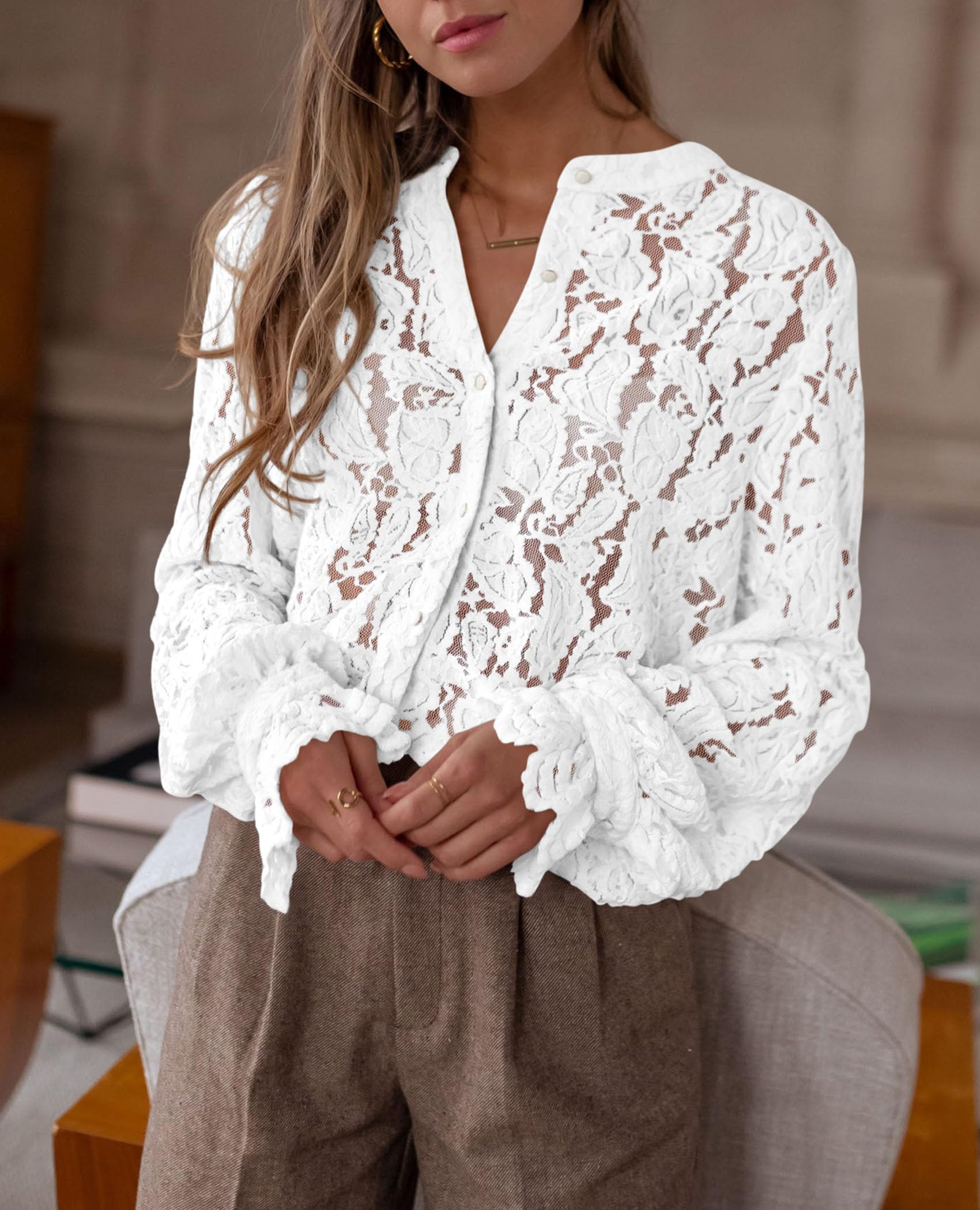 PRETTYGARDEN Women's Dressy Casual Lace Blouse Long Sleeve Button Up Shirts Tops Spring Fall Fashion Clothes