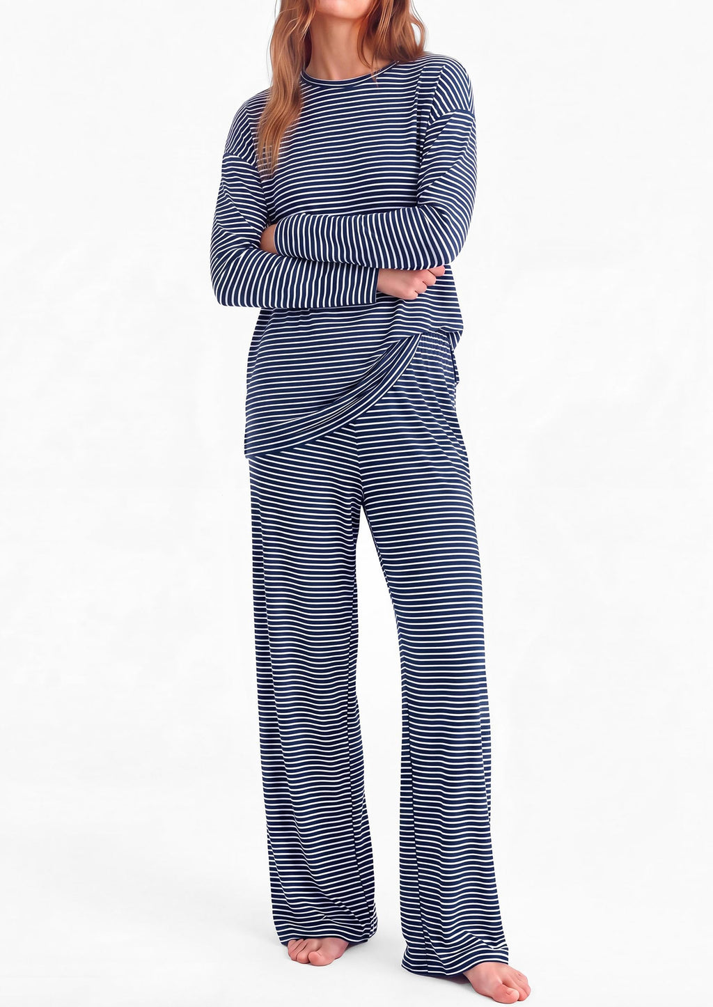 PRETTYGARDEN Womens Striped Lounge Set Fall Winter 2 Piece Sets Side Slit Long Sleeve T-Shirts & Wide Leg Pants, Matching Pajama Sets, Comfy Pj Set, Loungewear with Pockets, Fashion Clothes