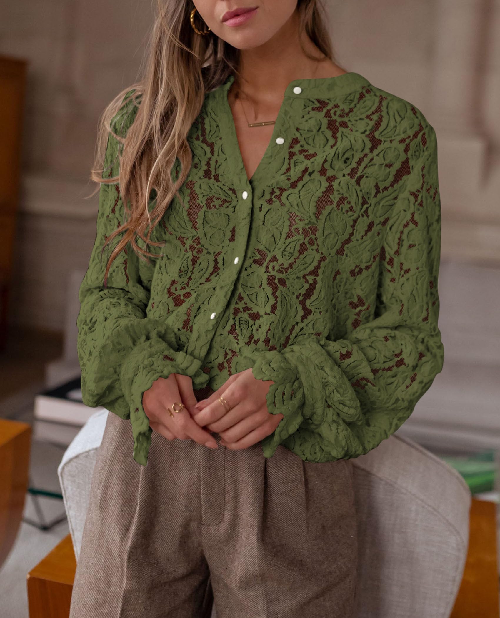 PRETTYGARDEN Women's Dressy Casual Lace Blouse Long Sleeve Button Up Shirts Tops Spring Fall Fashion Clothes