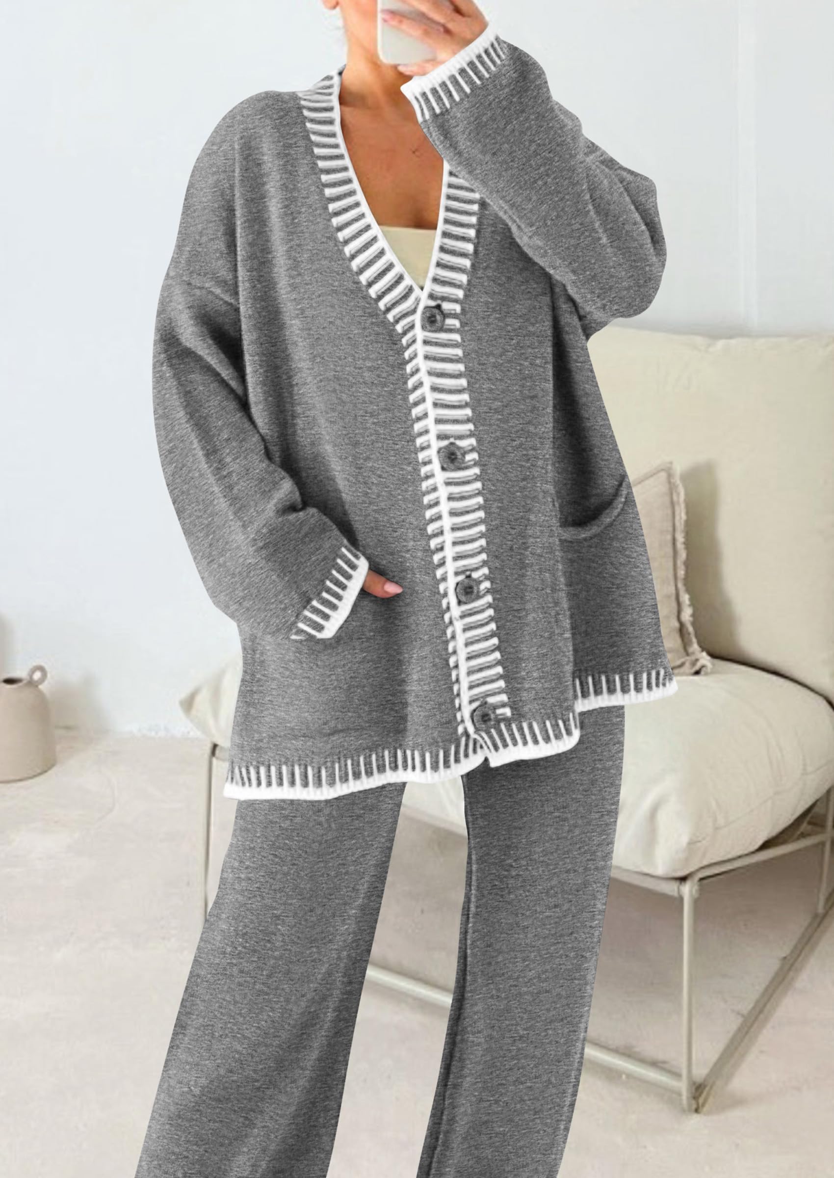 PRETTYGARDEN Lounge Sets for Women Fall Loungewear 2 Piece Outfits Cardigan Sweaters Track Suit Matching Winter Clothing