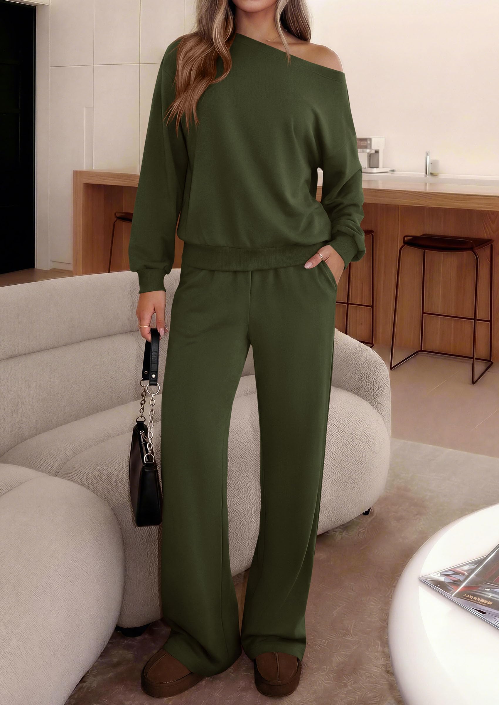 PRETTYGARDEN Womens 2 Piece Casual Matching Lounge Sets Fashion Off the Shoulder Sweatshirt, Wide Leg Pants with Pockets, Comfy Airport Travel Outfit,Trendy Fall Set