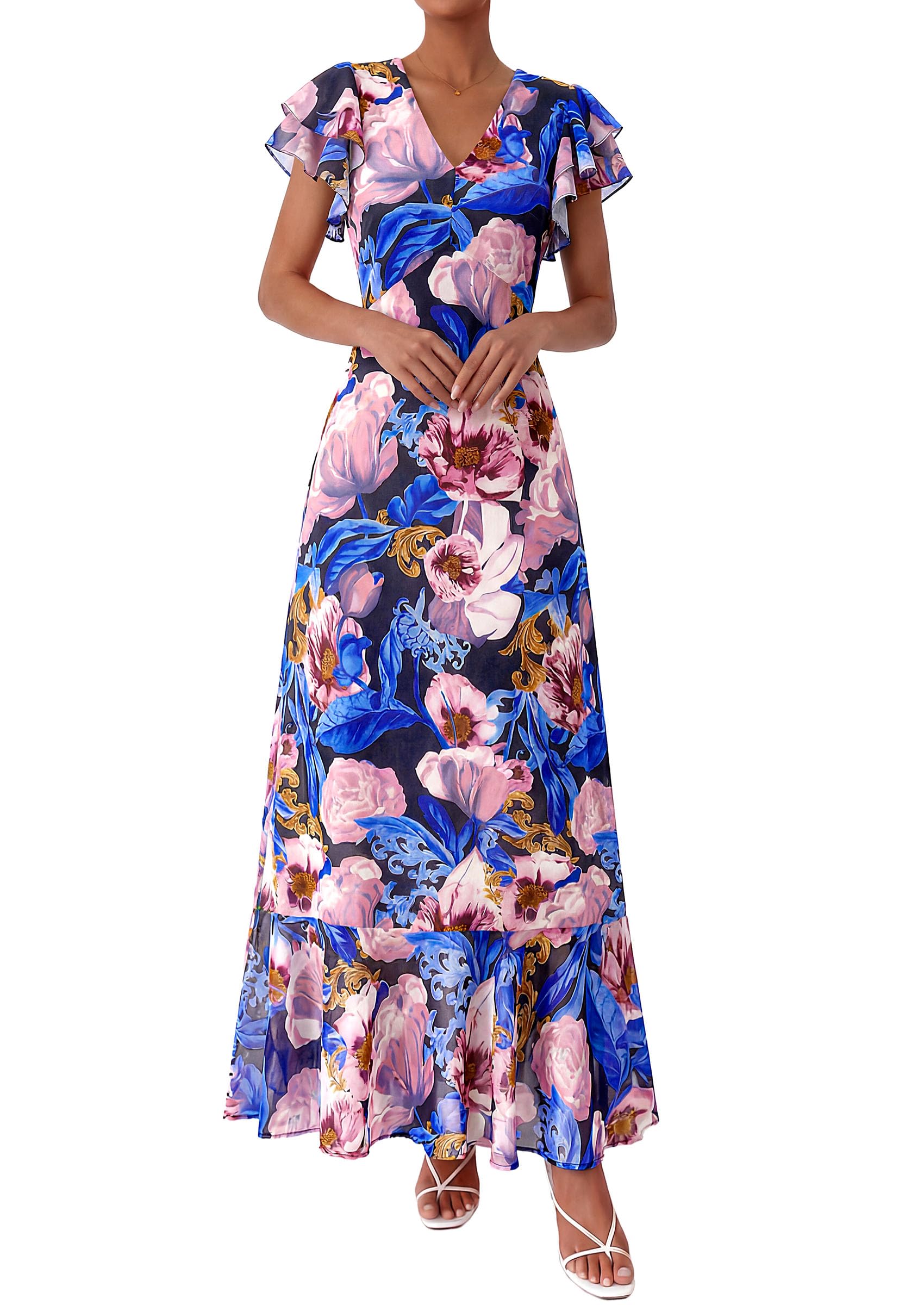 PRETTYGARDEN Womens Summer Floral Maxi Dresses Spring Short Sleeve Ruffle V Neck Flowy Boho Long Beach Vacation Sundress