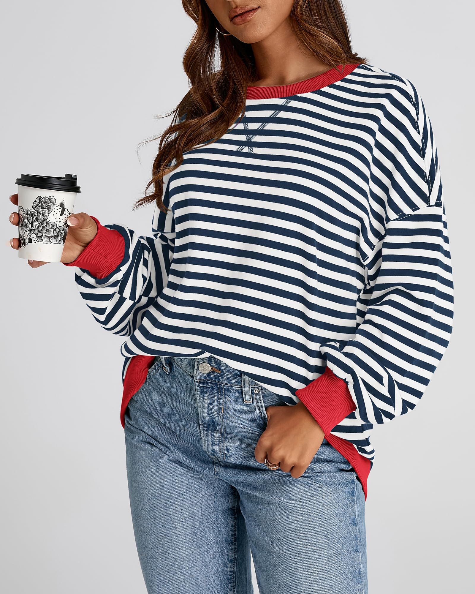 BTFBM Sweatshirt For Women Summer Crewneck Long Sleeve Oversized Striped Pullover Tops Y2K Clothes Workout Shirt