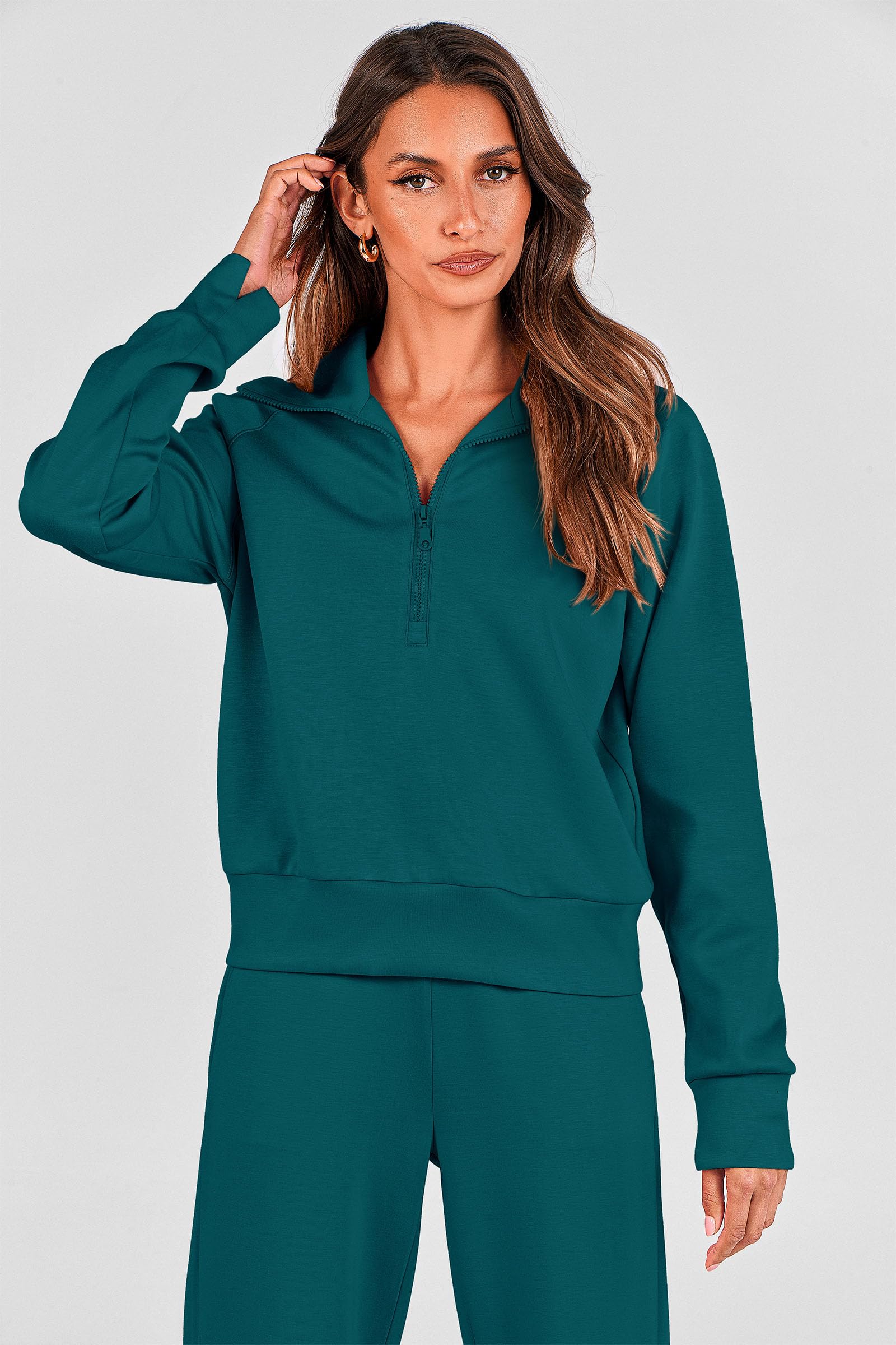 PRETTYGARDEN Women's 2 Piece Outfits Casual Lapel Half Zip Sweatshirts and Wide Leg Pants Tracksuit Sets