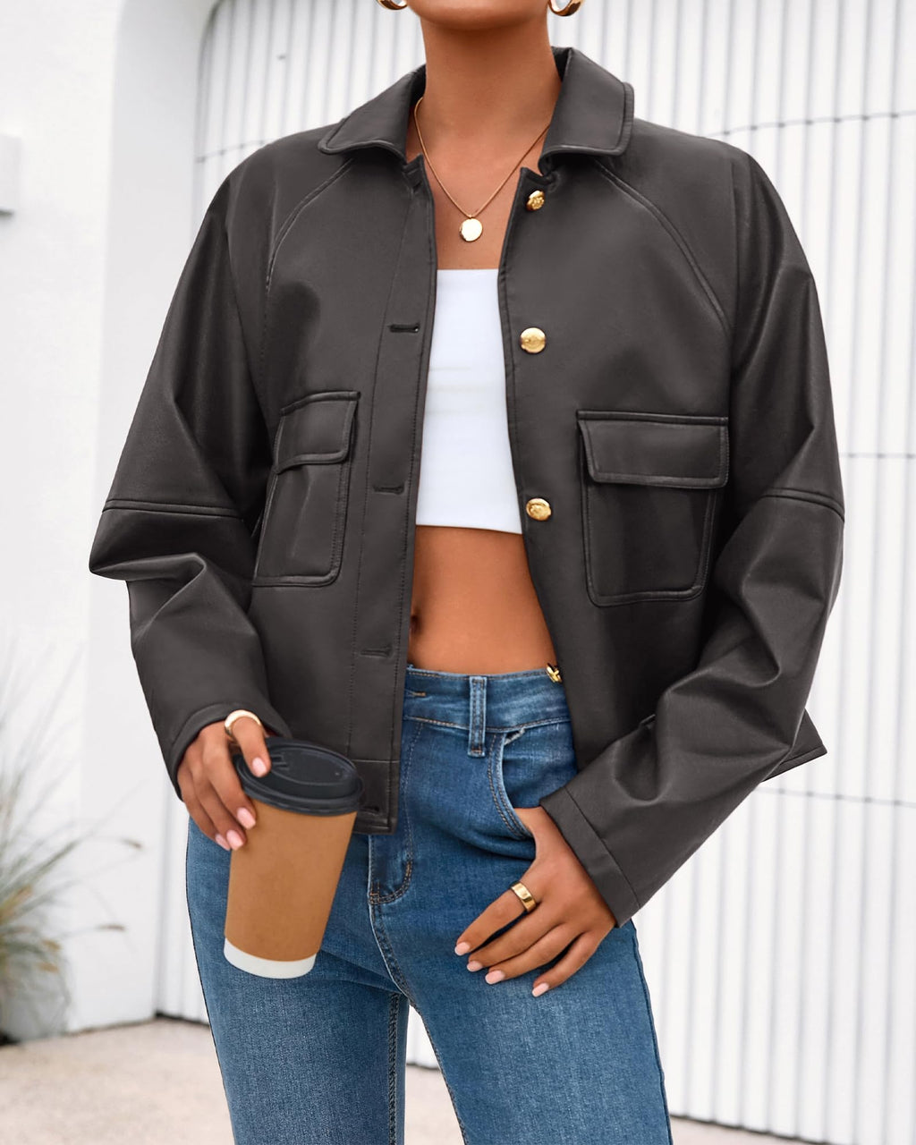 FreshPretty Leather Jacket Women Fall Clothes Long Sleeve Button Down Winter Coats Oversized Motorcycle Outwear