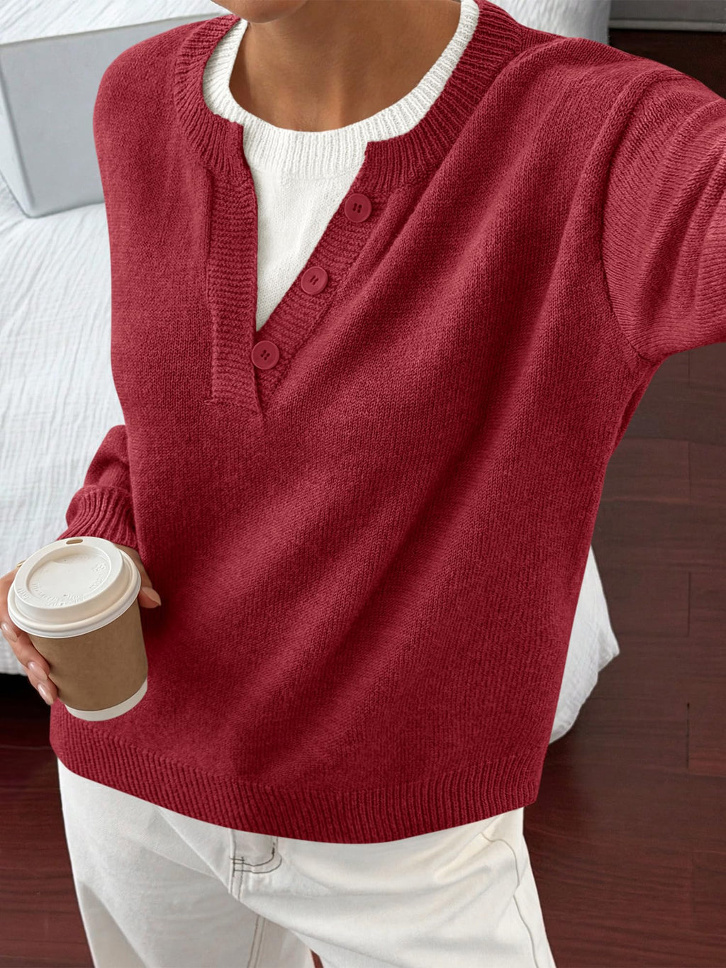 BTFBM Women Long Sleeve Crew Neck Sweaters Tops, 2 in1 Knitted Pullover, Deco Buttons, Oversized, Stretchy, Vacation, Business Casual Outfits, Fall Winter Trendy
