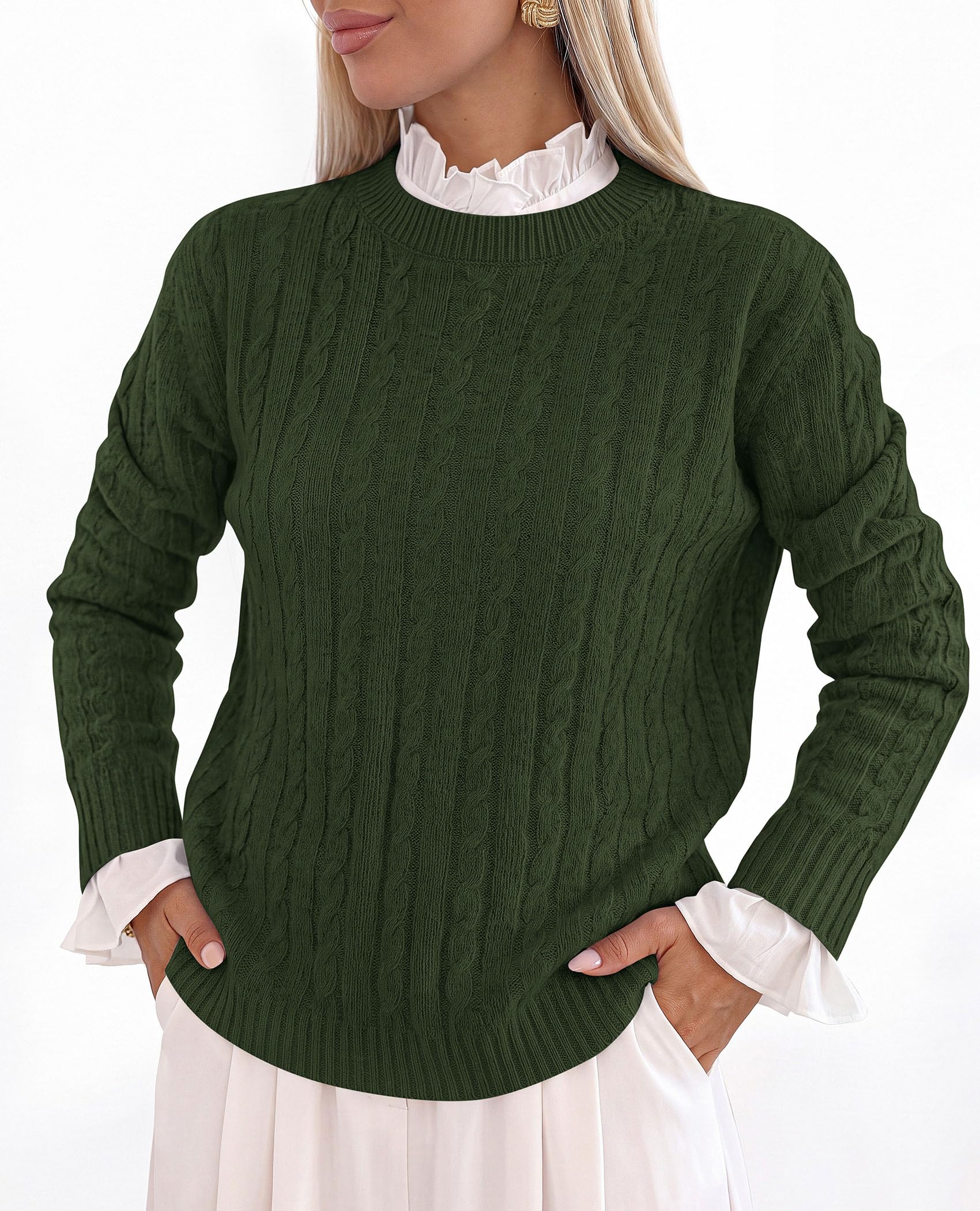 PRETTYGARDEN Women's Cable Knit Sweaters Long Sleeve Pullover Fall Outfits Soft Cozy Knit Tops, Ribbed Crewneck Regular Fit, Basic Daily, Work Business Casual, Teacher Outfits, Winter Layer Clothing