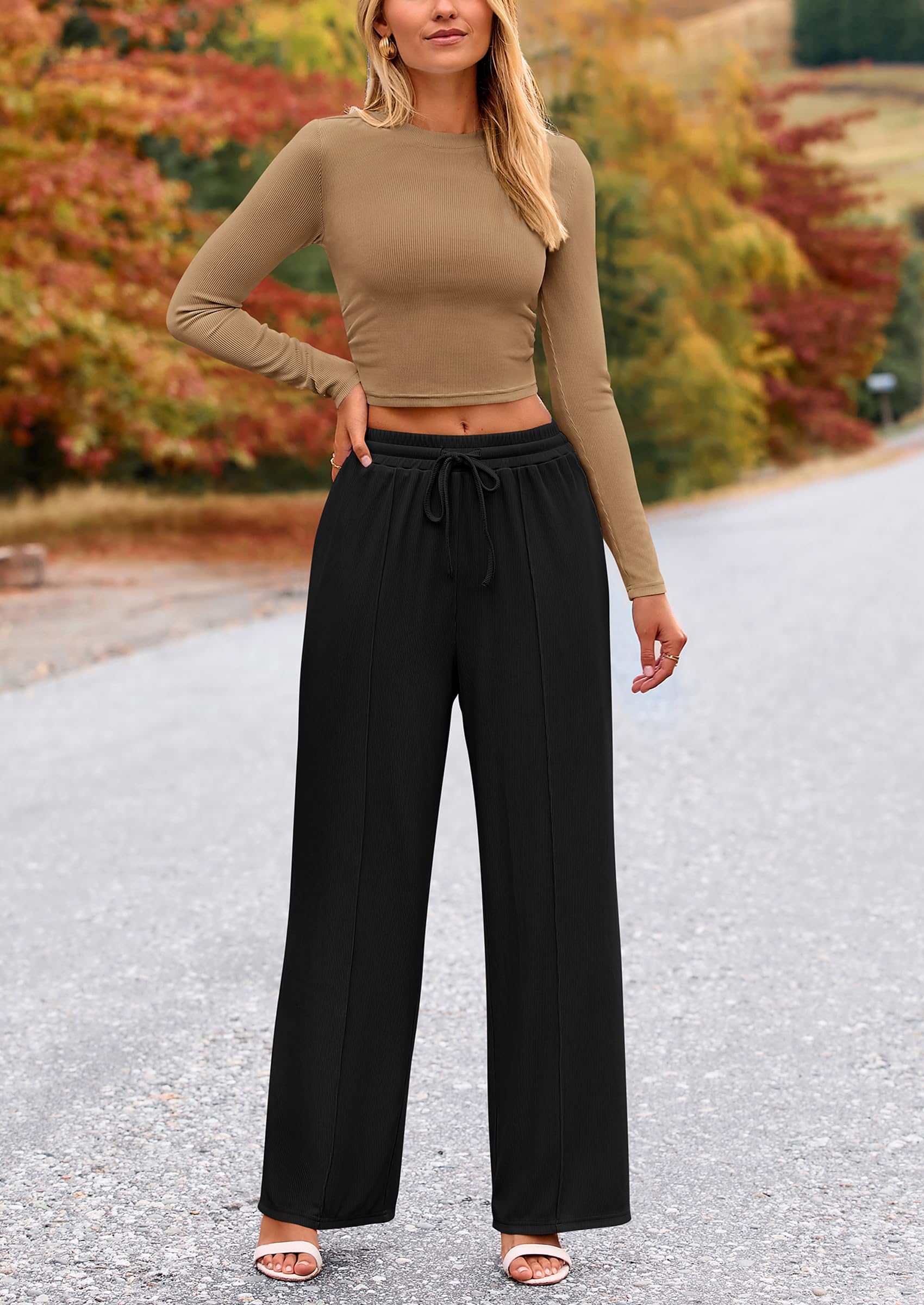 PRETTYGARDEN Women's 2 Piece Loungewear Long Sleeve Crop Top Wide Leg Palazzo Pants Set Tracksuits Casual Outfit