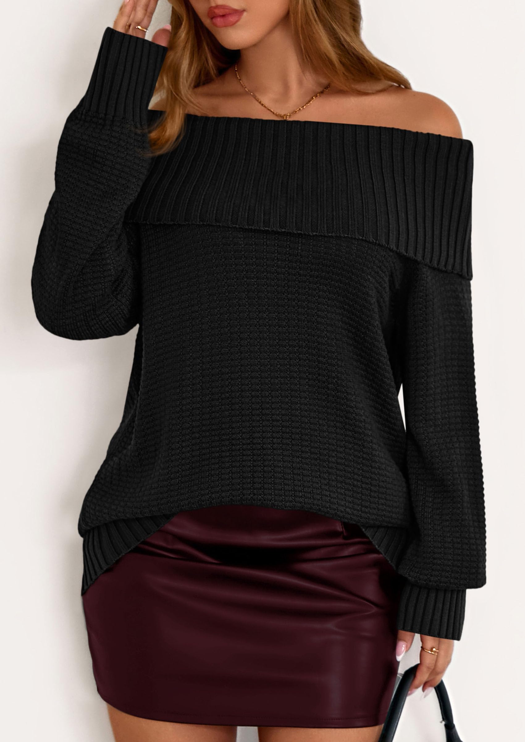 PRETTYGARDEN Womens Off The Shoulder Sweater Long Sleeve Tops Loose Knit Pullover Sweaters Fashion Fall Clothes