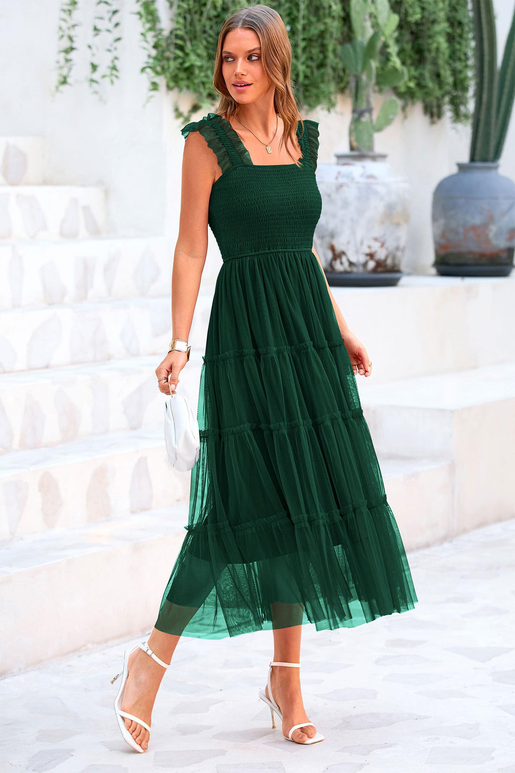 PRETTYGARDEN Women's Summer Tulle Midi Dress Sleeveless Smocked Ruffle Flowy Mesh Dresses Party Wedding Guest Sundress