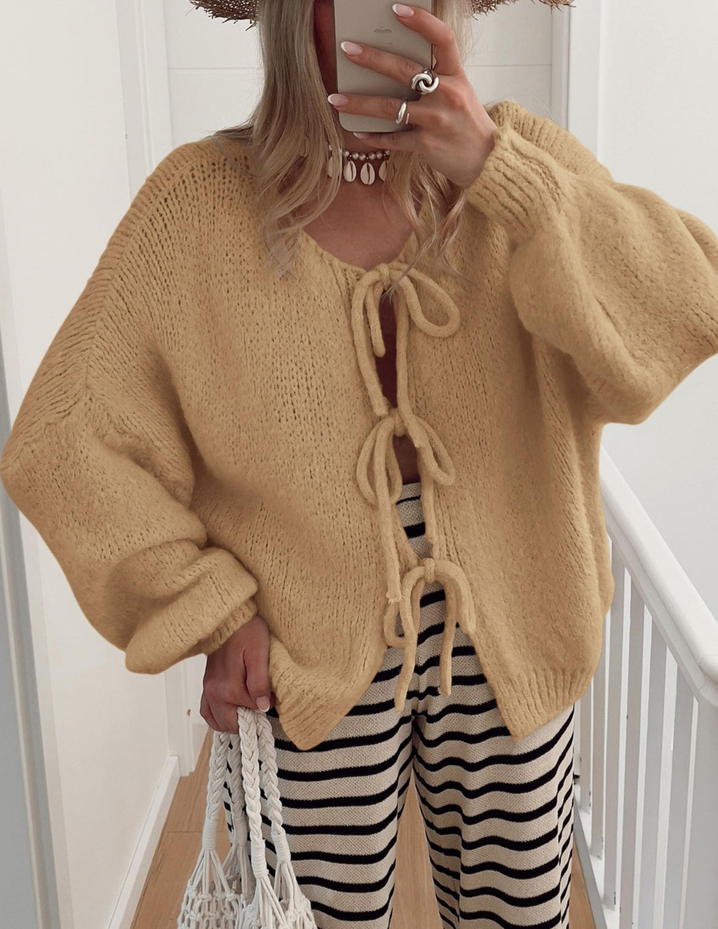 PRETTYGARDEN Women's Tie Front Bow Cardigan Sweaters Chunky Knit Long Puff Sleeve Trendy Fall Winter Jacket Coat