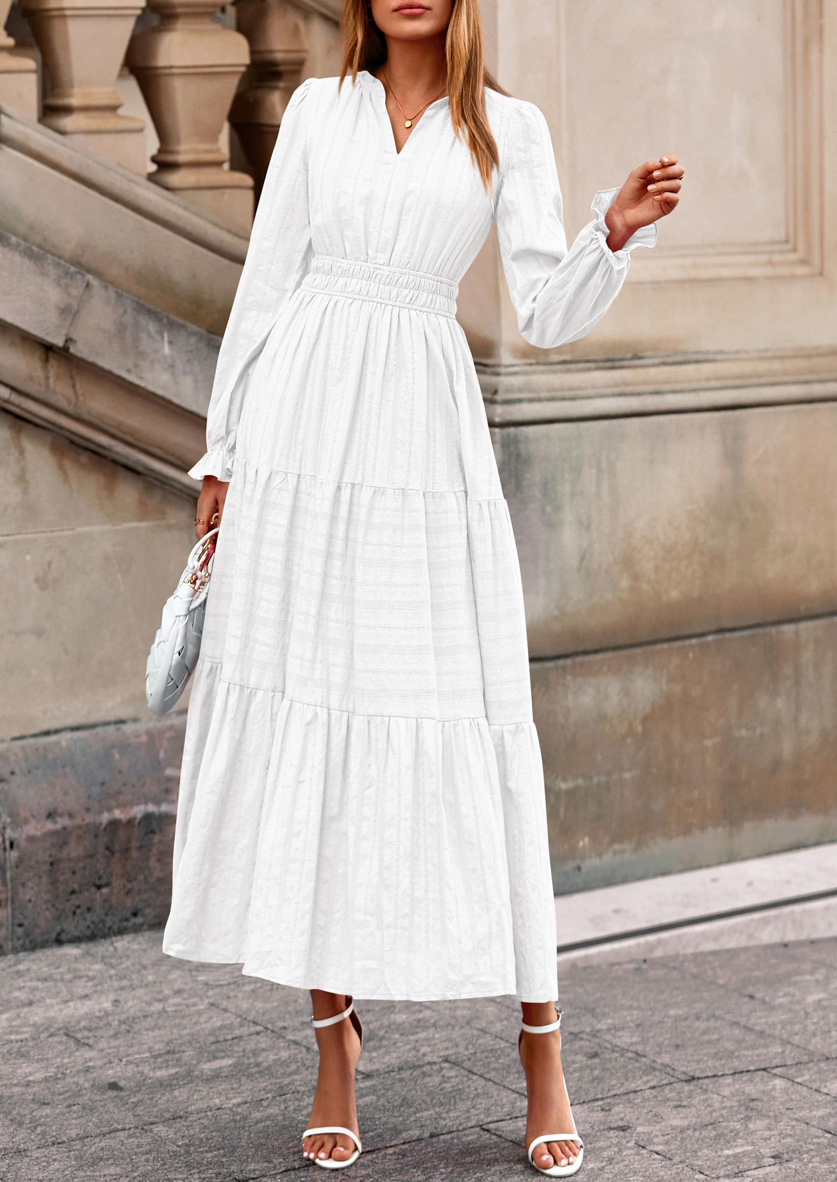 PRETTYGARDEN Women's Fall Wedding Guest Dresses Long Sleeve V Neck Flowy Elegant Holiday Party Maxi Dress with Pockets