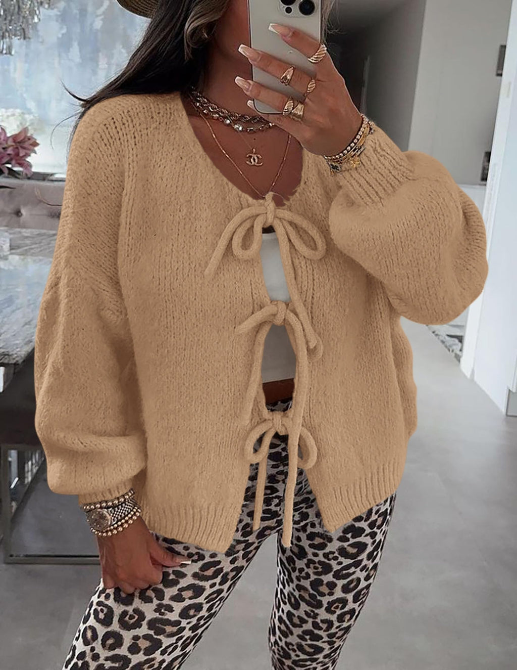 PRETTYGARDEN Women's Tie Front Bow Cardigan Sweaters Chunky Knit Long Puff Sleeve Trendy Fall Winter Jacket Coat