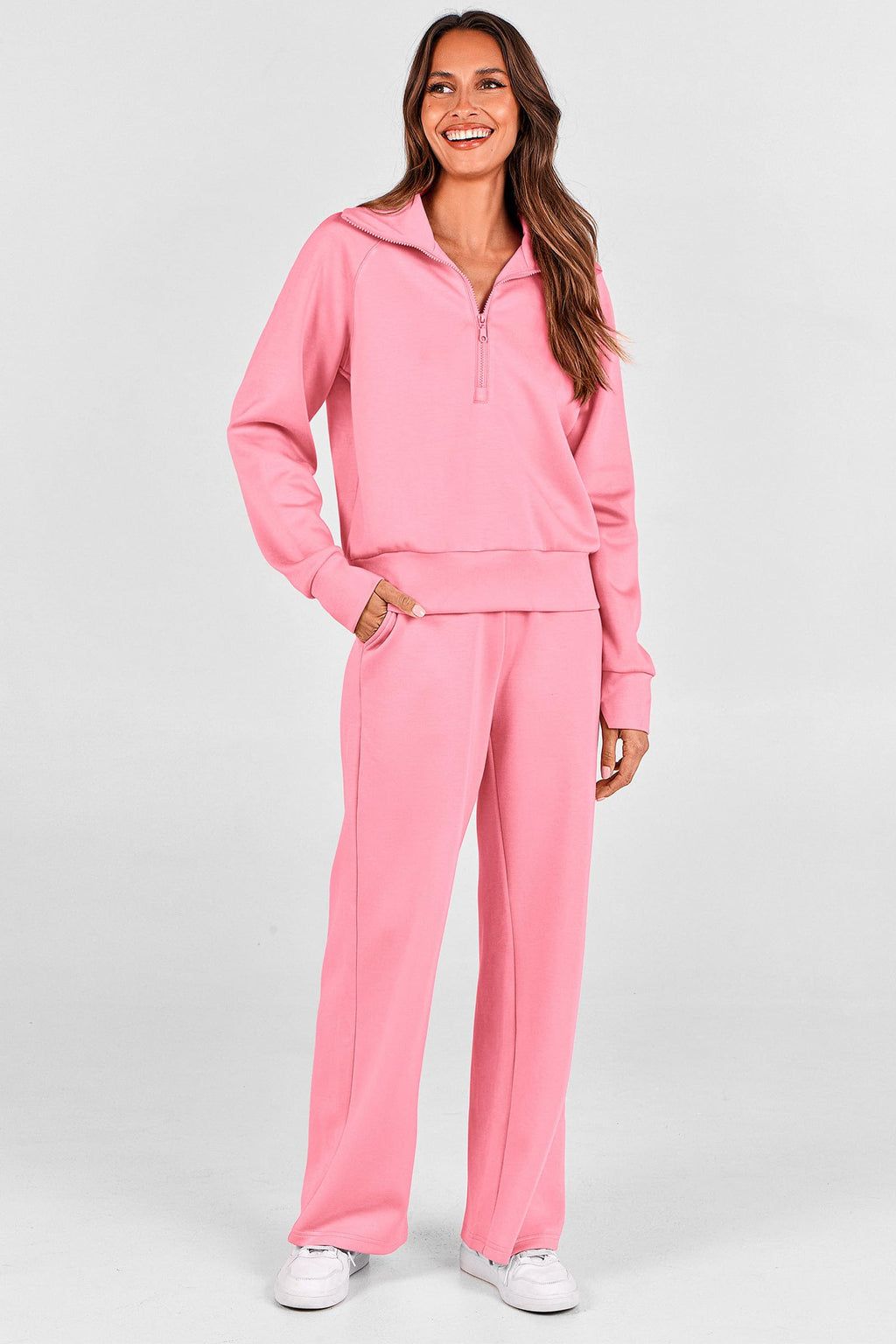 PRETTYGARDEN Women's 2 Piece Outfits Casual Lapel Half Zip Sweatshirts and Wide Leg Pants Tracksuit Sets