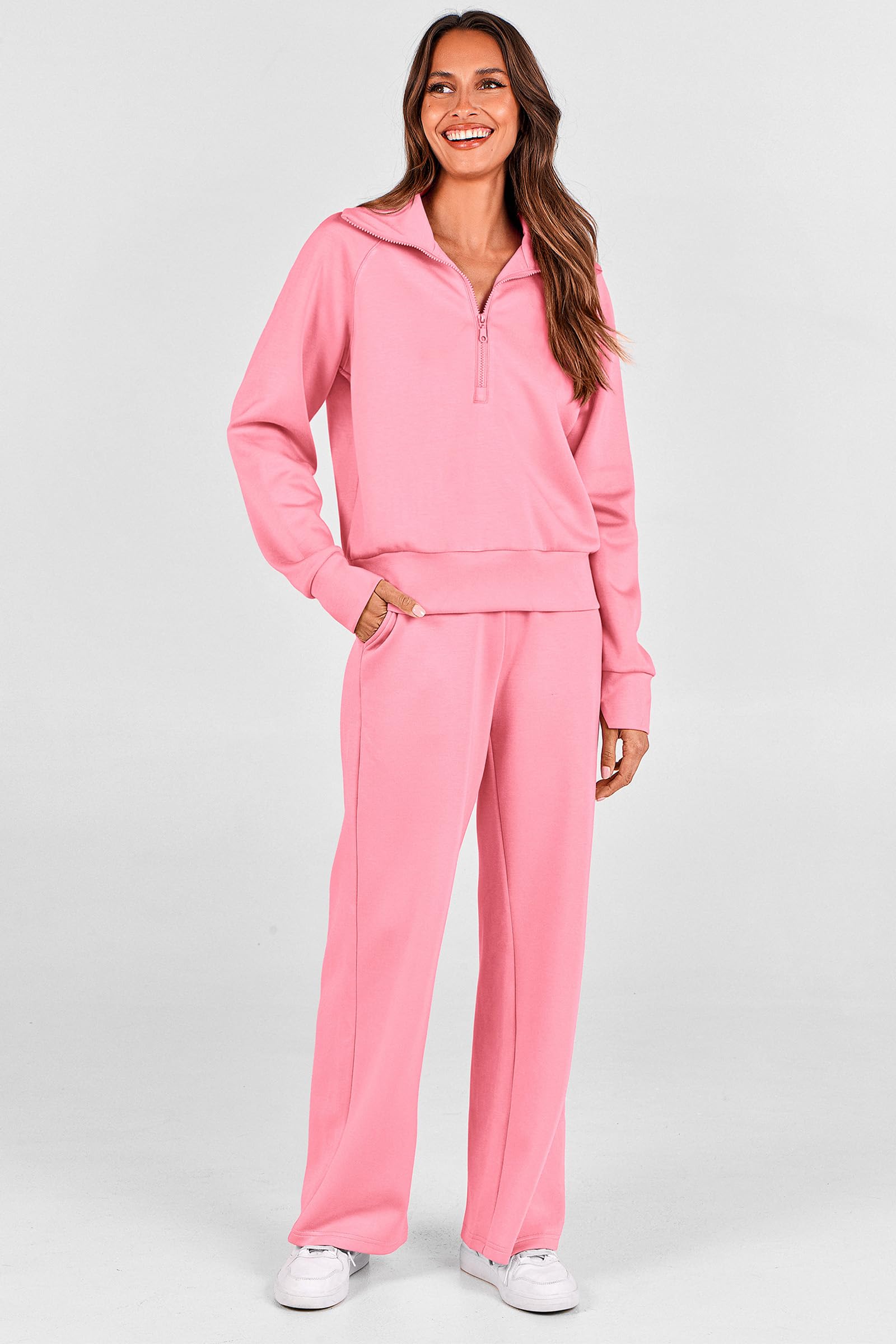 PRETTYGARDEN Women's 2 Piece Outfits Casual Lapel Half Zip Sweatshirts and Wide Leg Pants Tracksuit Sets