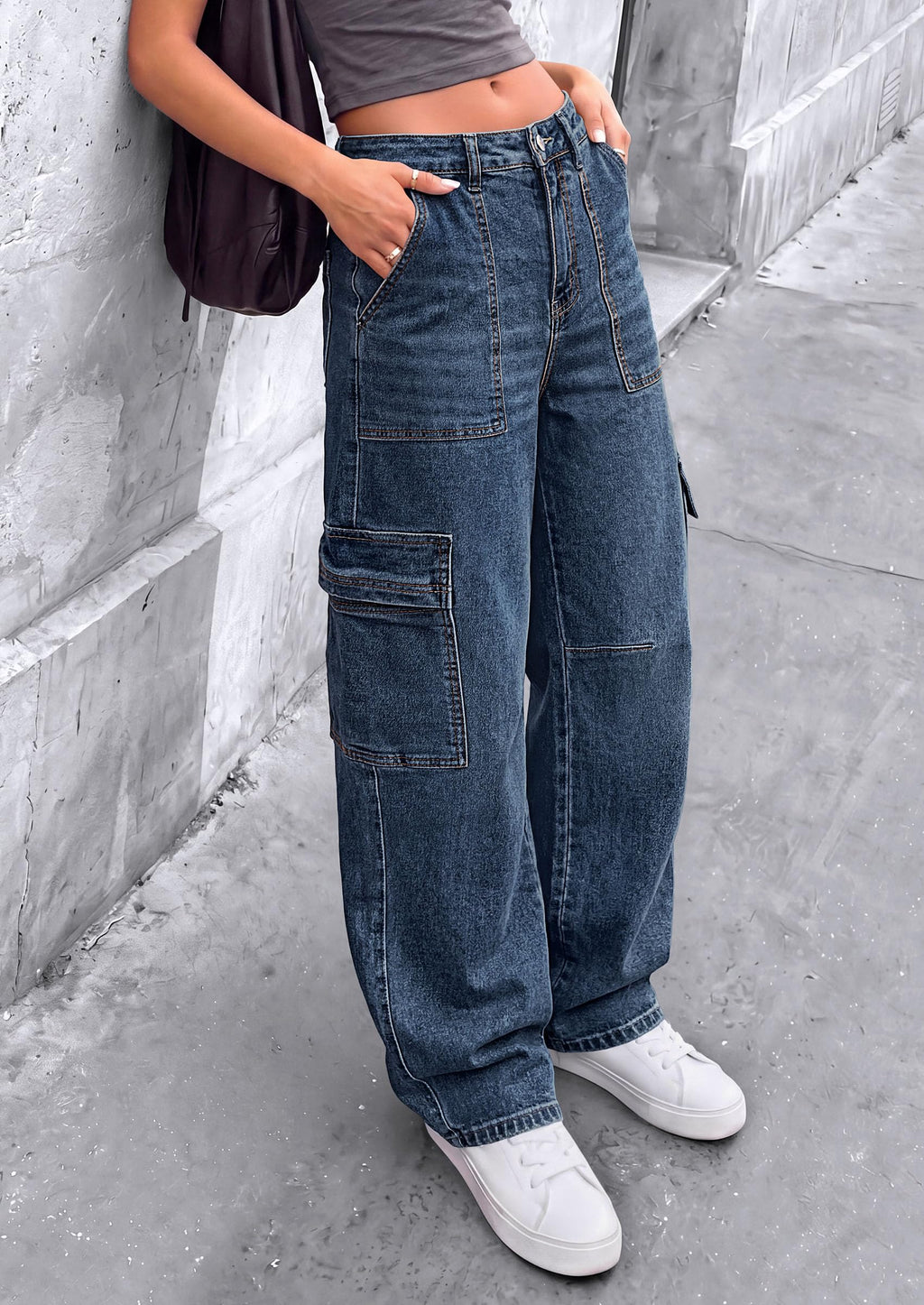 PRETTYGARDEN Barrel Pants Women Wide Leg Baggy Denim Jeans Relaxed Fit,Utility Pockets,Loose Streetwear,Boyfriend Style,Y2K Outfits,Fashion Cargo Pants,Fall Clothes
