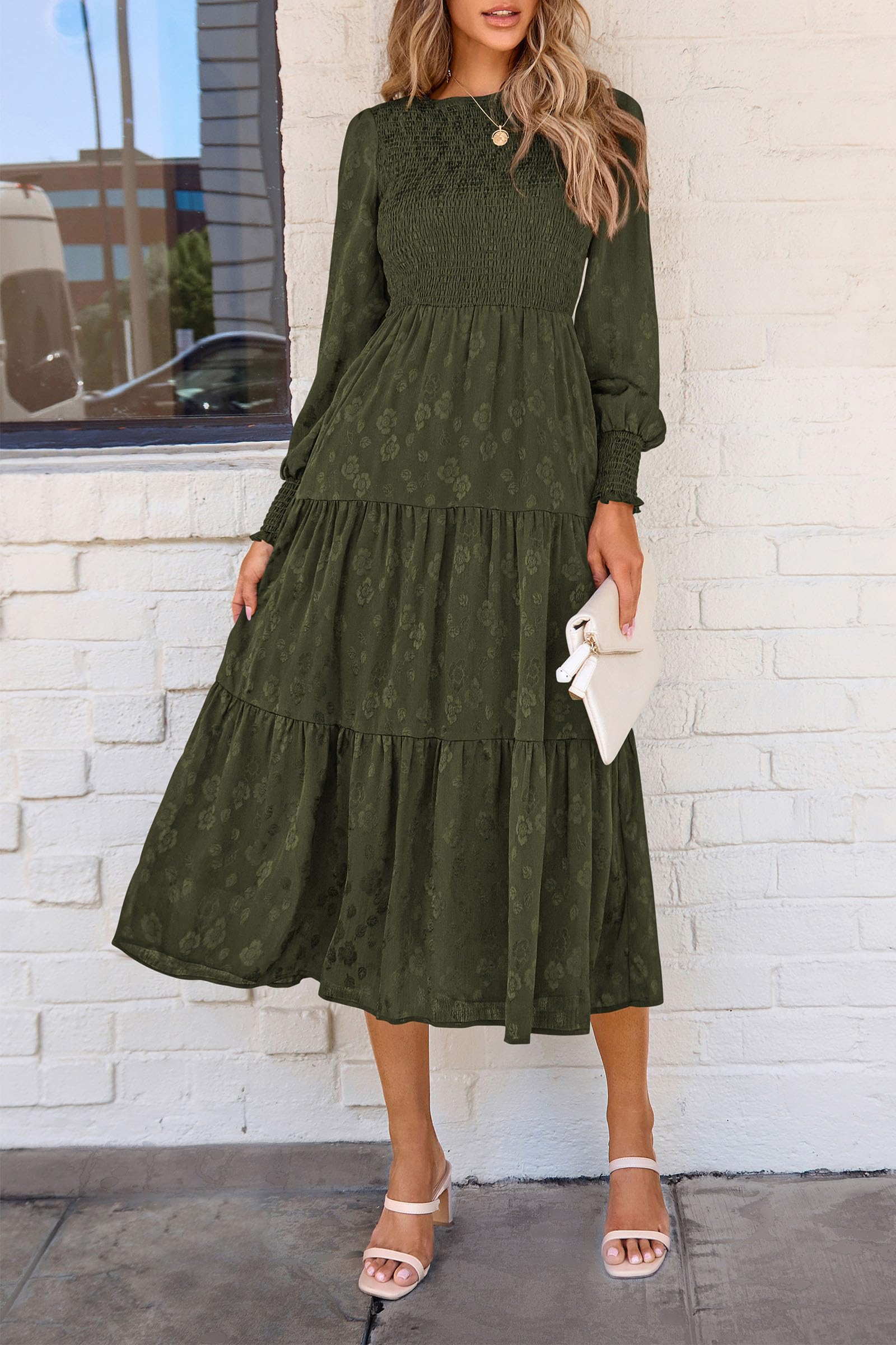 PRETTYGARDEN Women's Fall Spring Midi Dress Long Sleeve Floral Smocked Elegant Wedding Guest Long Flowy Dresses with Pockets