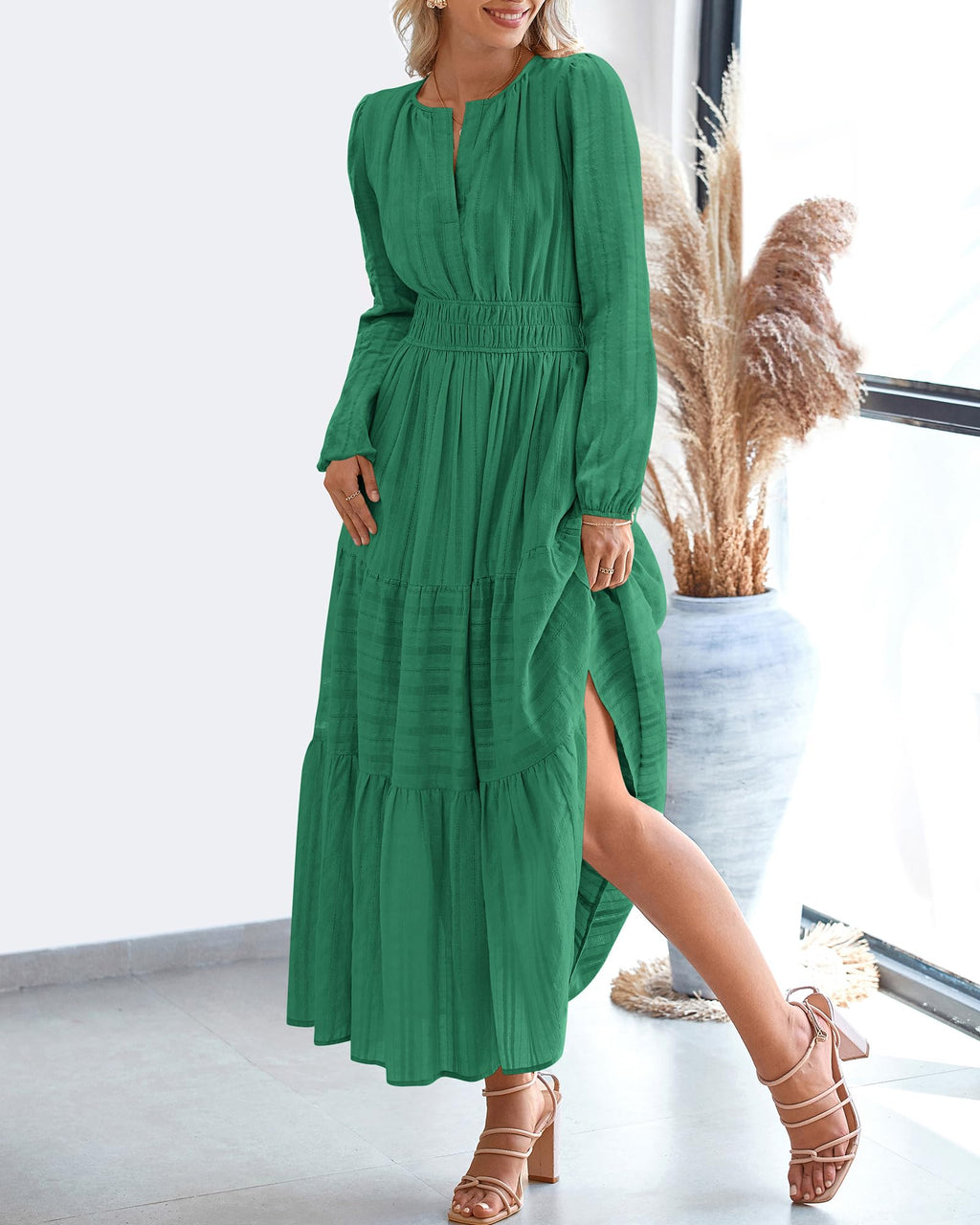 FreshPretty Fall Dresses for Women Casual Long Sleeve V Neck Elastic Waist Lightweight Maxi Wedding Guest Dress Pockets