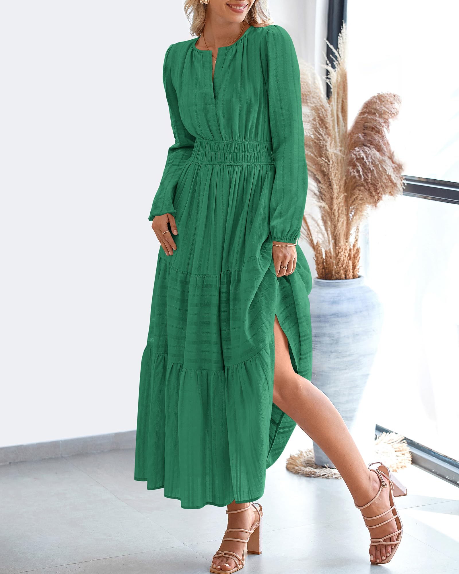 FreshPretty Fall Dresses for Women Casual Long Sleeve V Neck Elastic Waist Lightweight Maxi Wedding Guest Dress Pockets