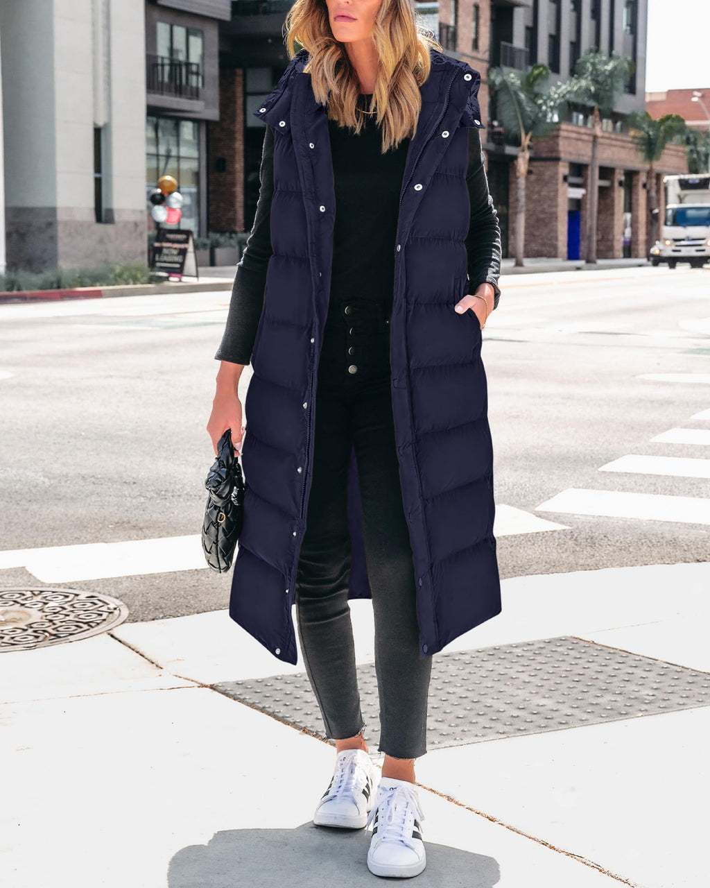 FreshPretty Long Puffer Vest Women Quilted Hooded Button Down Zip Up Sleeveless Vests Outerwear Padded Jacket Fall Winter Coat