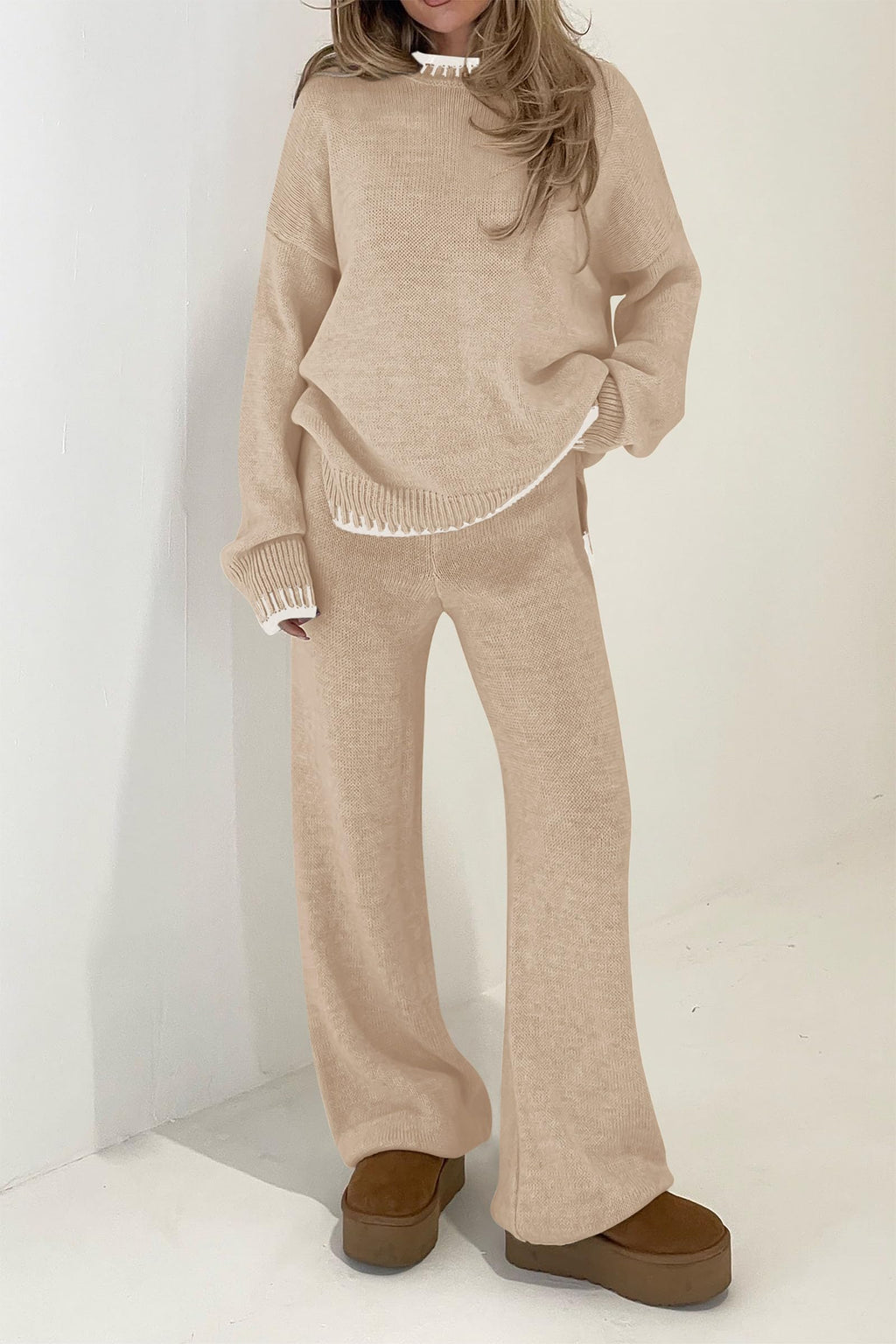 PRETTYGARDEN Women's 2 Piece Knit Sweater Outfit Casual Long Sleeve Pullover Wide Leg Pants Tracksuit Loungewear Set