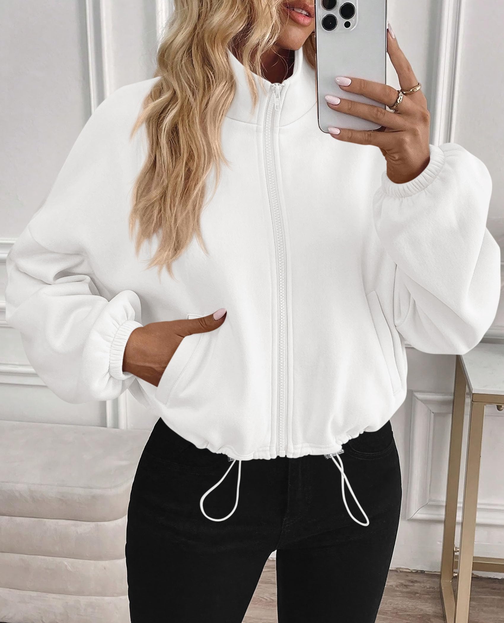 PRETTYGARDEN Womens Zip Up Fleece Cropped Sweatshirt Jacket Oversized Loose Soft Stand Collar with Drawstring Hem, Long Sleeve Casual Coat With Pockets, Fall Outfits Winter Clothing