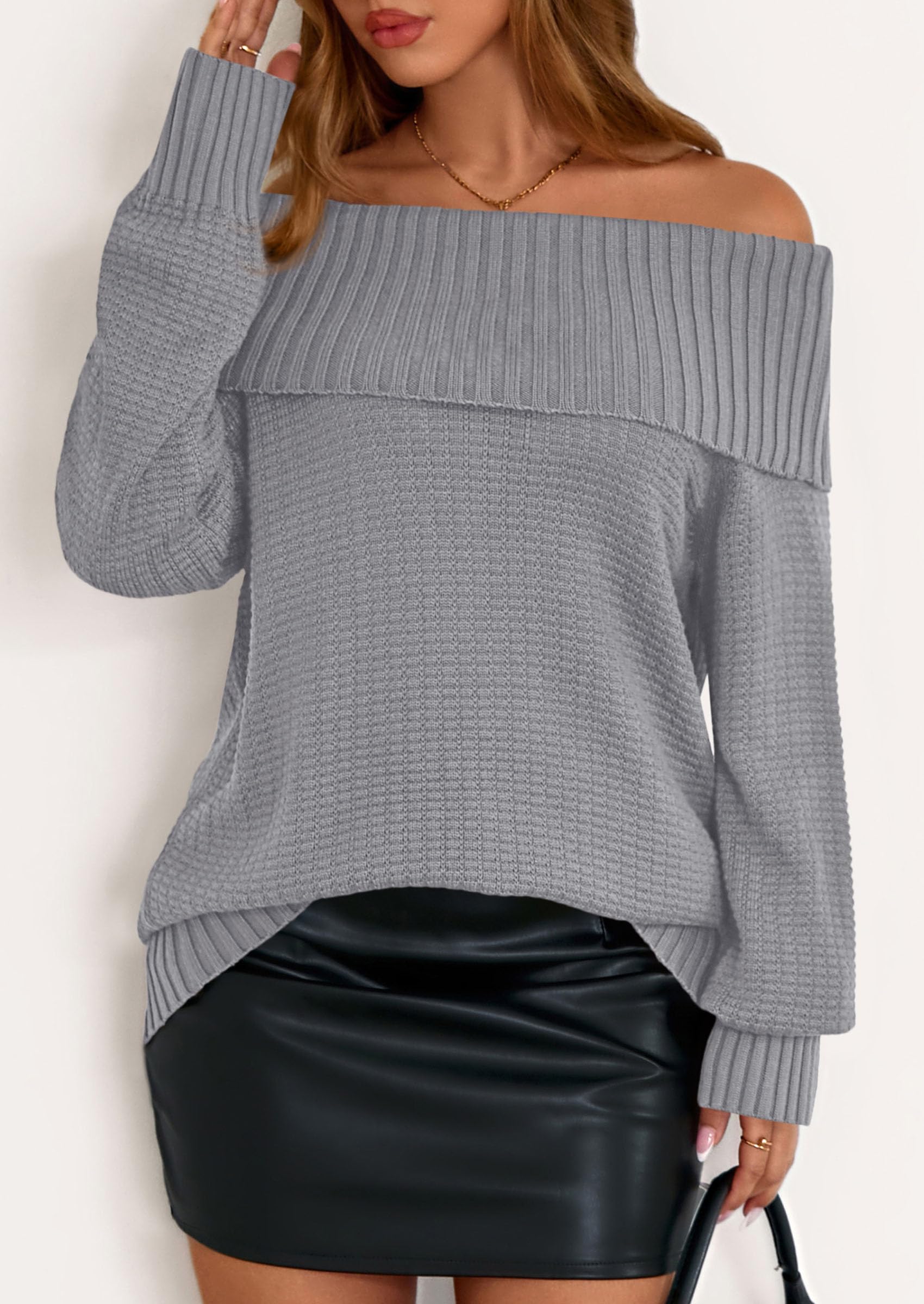 PRETTYGARDEN Womens Off The Shoulder Sweater Long Sleeve Tops Loose Knit Pullover Sweaters Fashion Fall Clothes