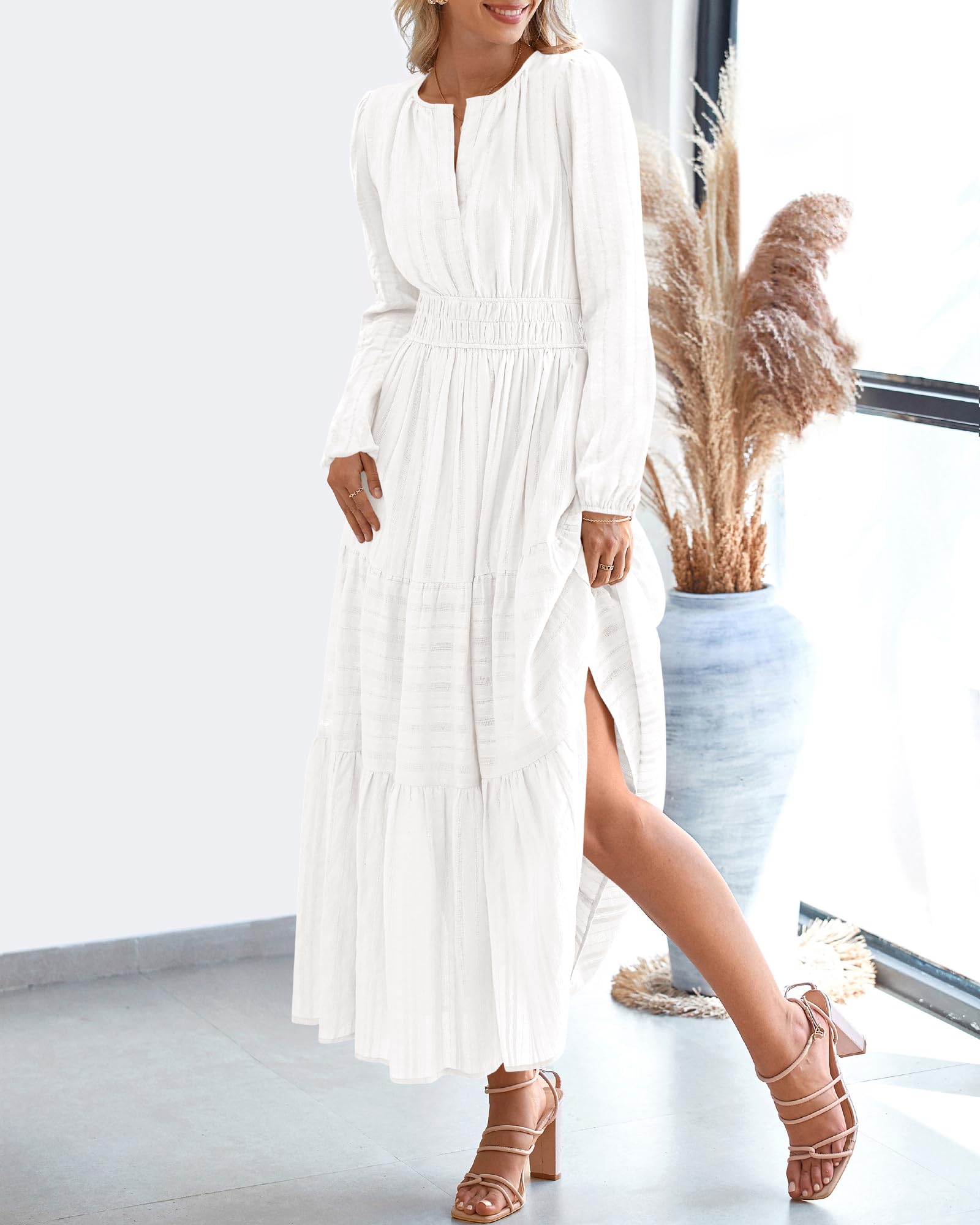 FreshPretty Fall Dresses for Women Casual Long Sleeve V Neck Elastic Waist Lightweight Maxi Wedding Guest Dress Pockets