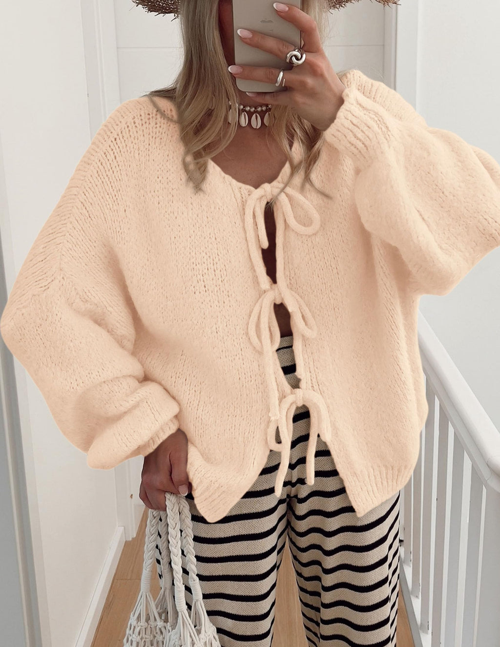 PRETTYGARDEN Women's Tie Front Bow Cardigan Sweaters Chunky Knit Long Puff Sleeve Trendy Fall Winter Jacket Coat