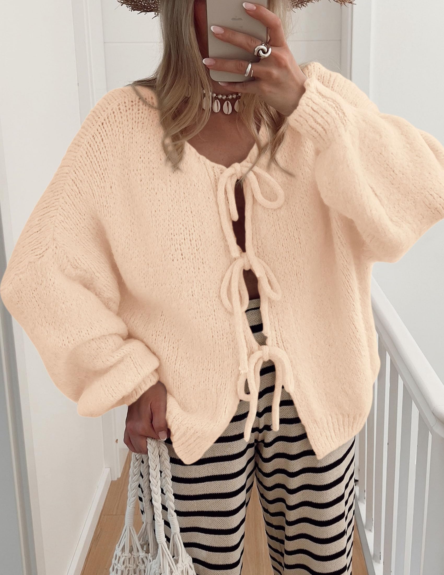 PRETTYGARDEN Women's Tie Front Bow Cardigan Sweaters Chunky Knit Long Puff Sleeve Trendy Fall Winter Jacket Coat