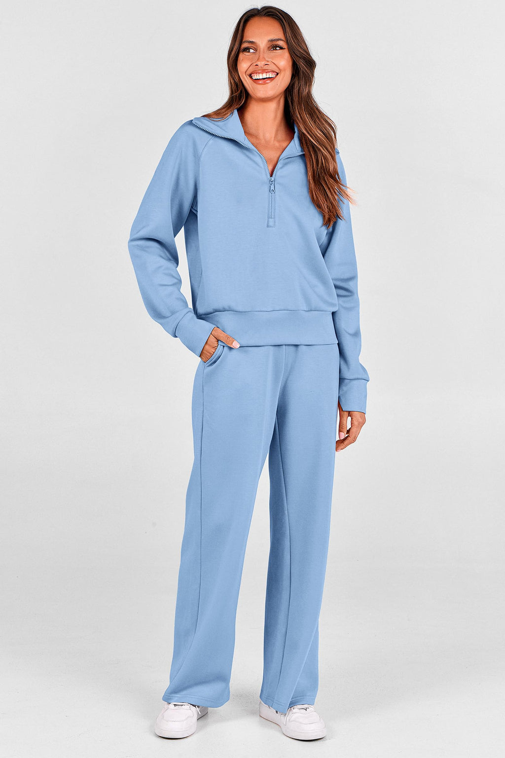 PRETTYGARDEN Women's 2 Piece Outfits Casual Lapel Half Zip Sweatshirts and Wide Leg Pants Tracksuit Sets