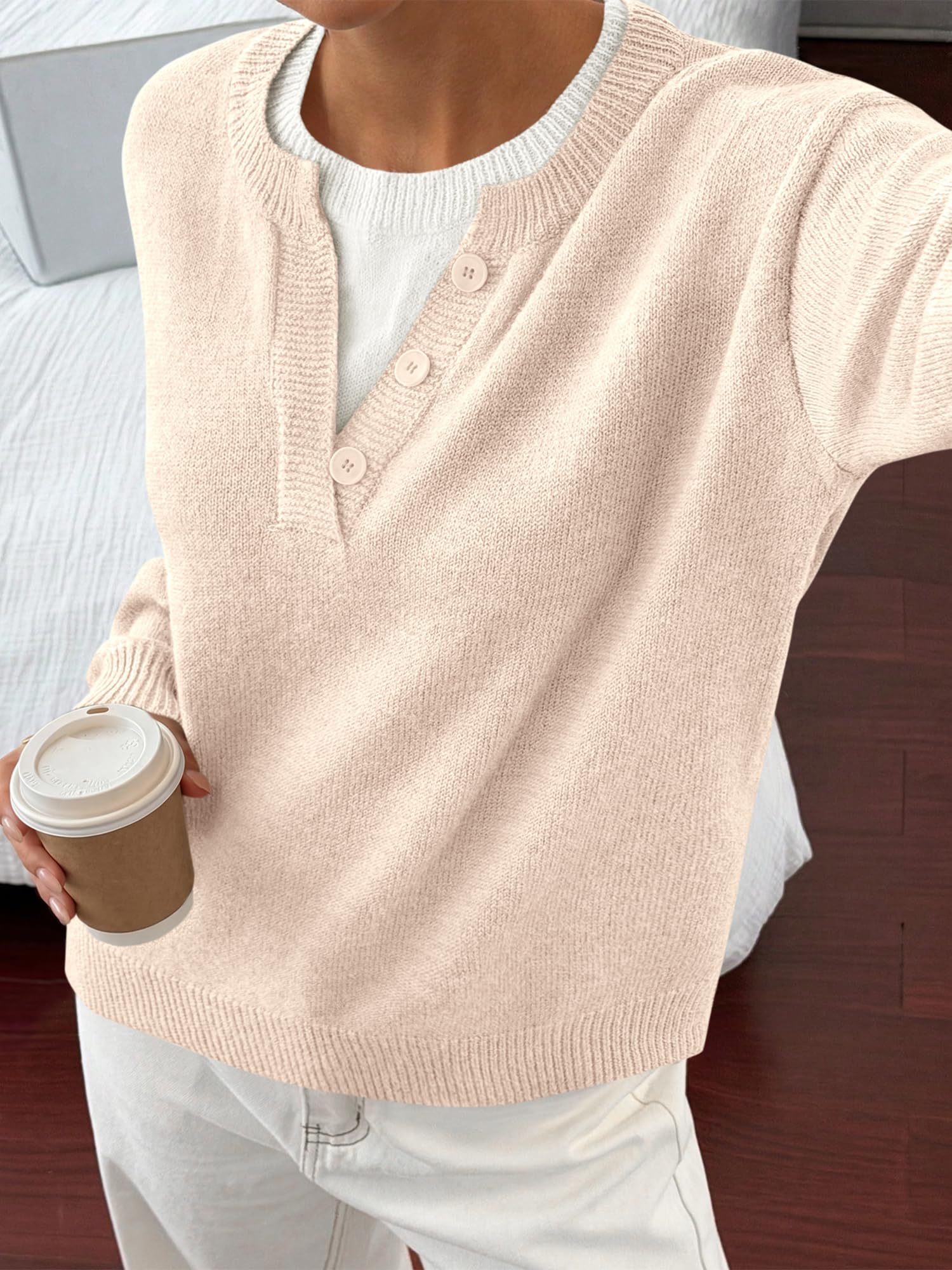 BTFBM Women Long Sleeve Crew Neck Sweaters Tops, 2 in1 Knitted Pullover, Deco Buttons, Oversized, Stretchy, Vacation, Business Casual Outfits, Fall Winter Trendy