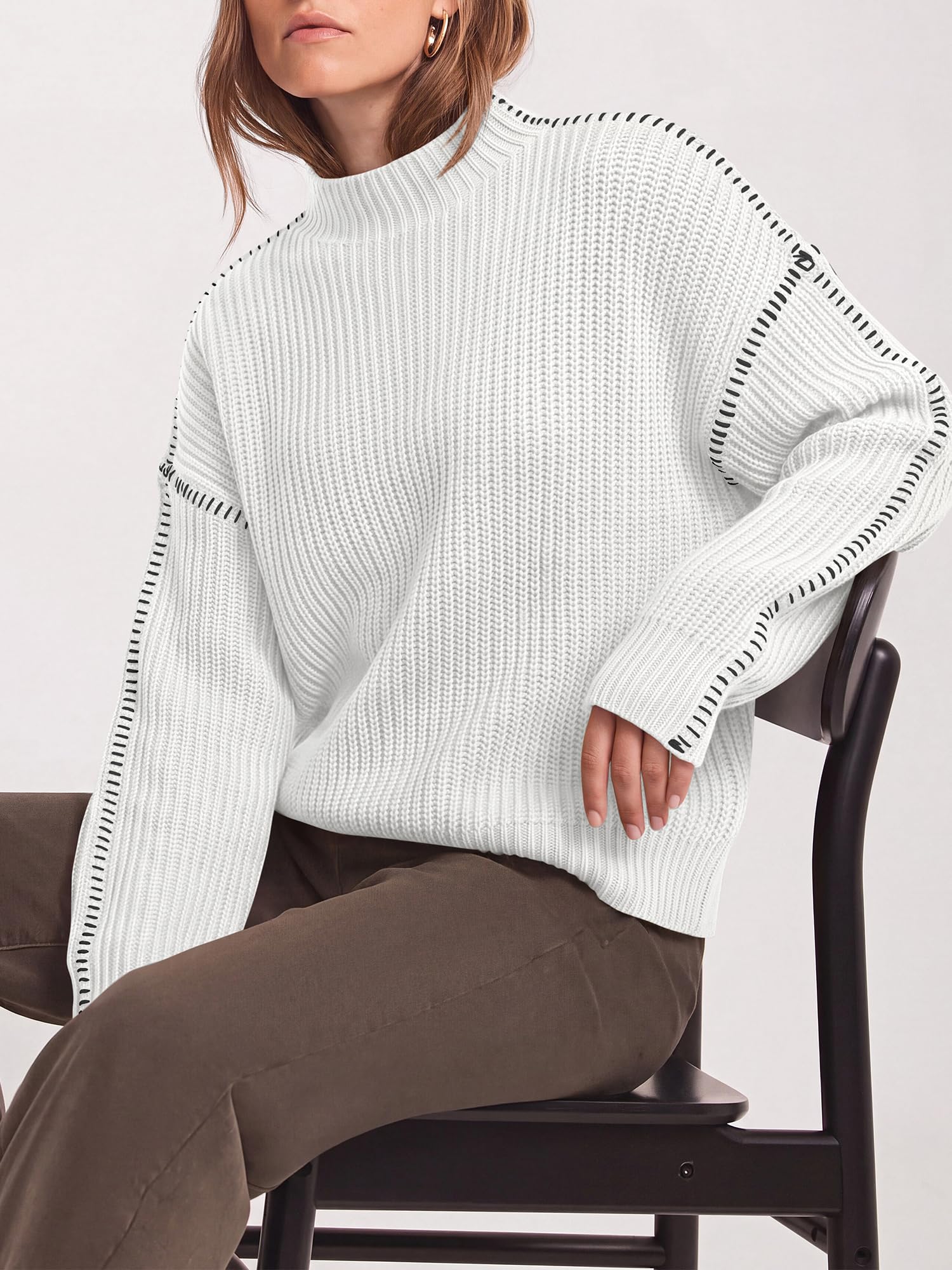 "BTFBM Womens Oversized Sweaters Contrast Chunky Knit Sweater Loose Fit Mock Neck Long Sleeve Tops, Soft Cozy Knitwear, Fall Fashion 2026, Casual Winter Clothing, Daily Going Out Outfits"