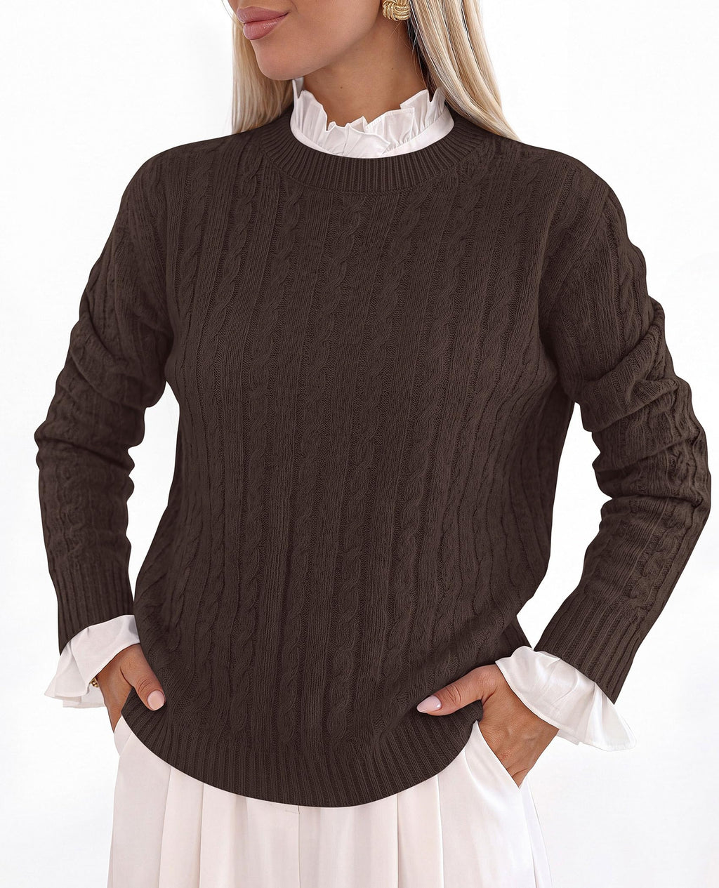 PRETTYGARDEN Women's Cable Knit Sweaters Long Sleeve Pullover Fall Outfits Soft Cozy Knit Tops, Ribbed Crewneck Regular Fit, Basic Daily, Work Business Casual, Teacher Outfits, Winter Layer Clothing