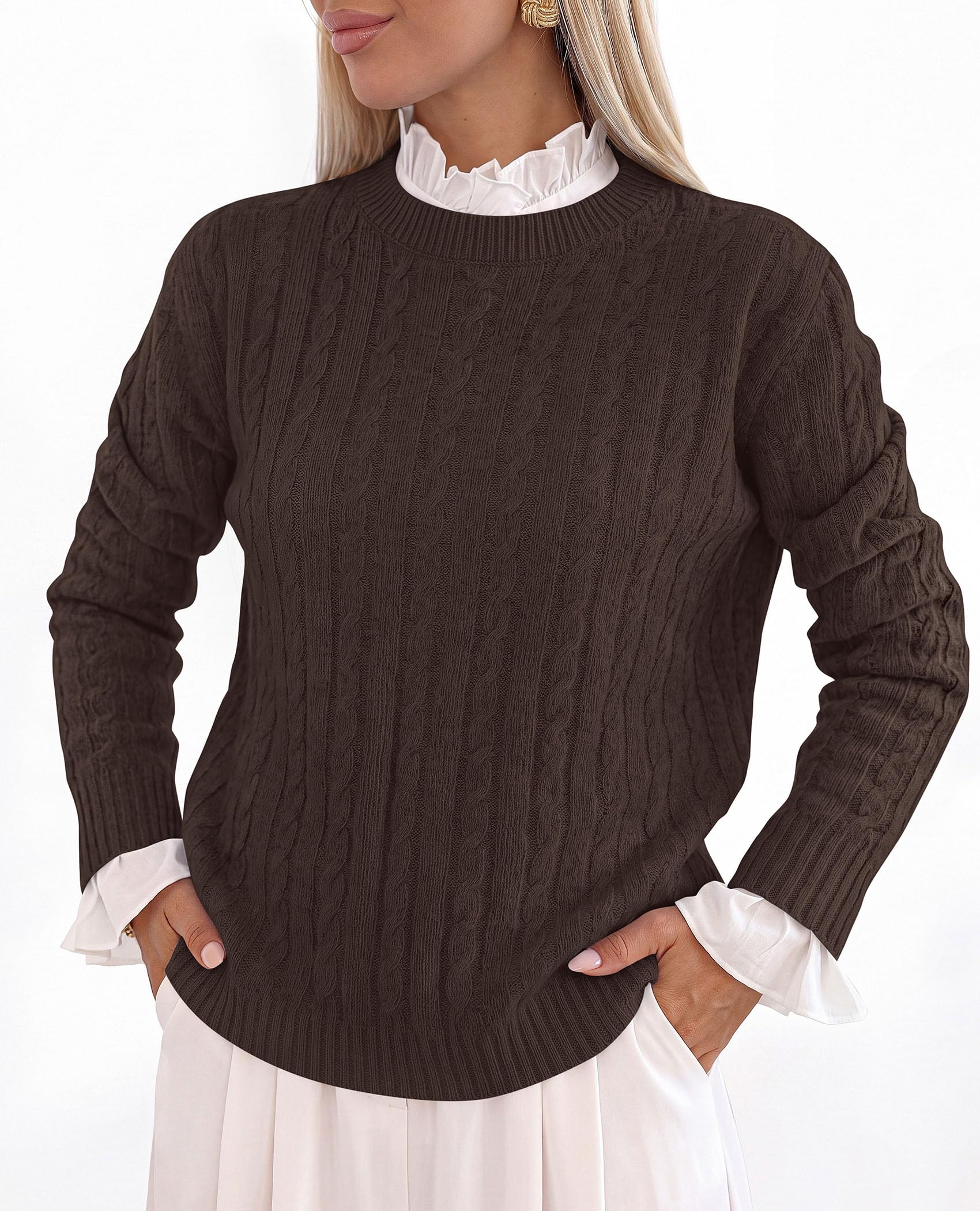 PRETTYGARDEN Women's Cable Knit Sweaters Long Sleeve Pullover Fall Outfits Soft Cozy Knit Tops, Ribbed Crewneck Regular Fit, Basic Daily, Work Business Casual, Teacher Outfits, Winter Layer Clothing