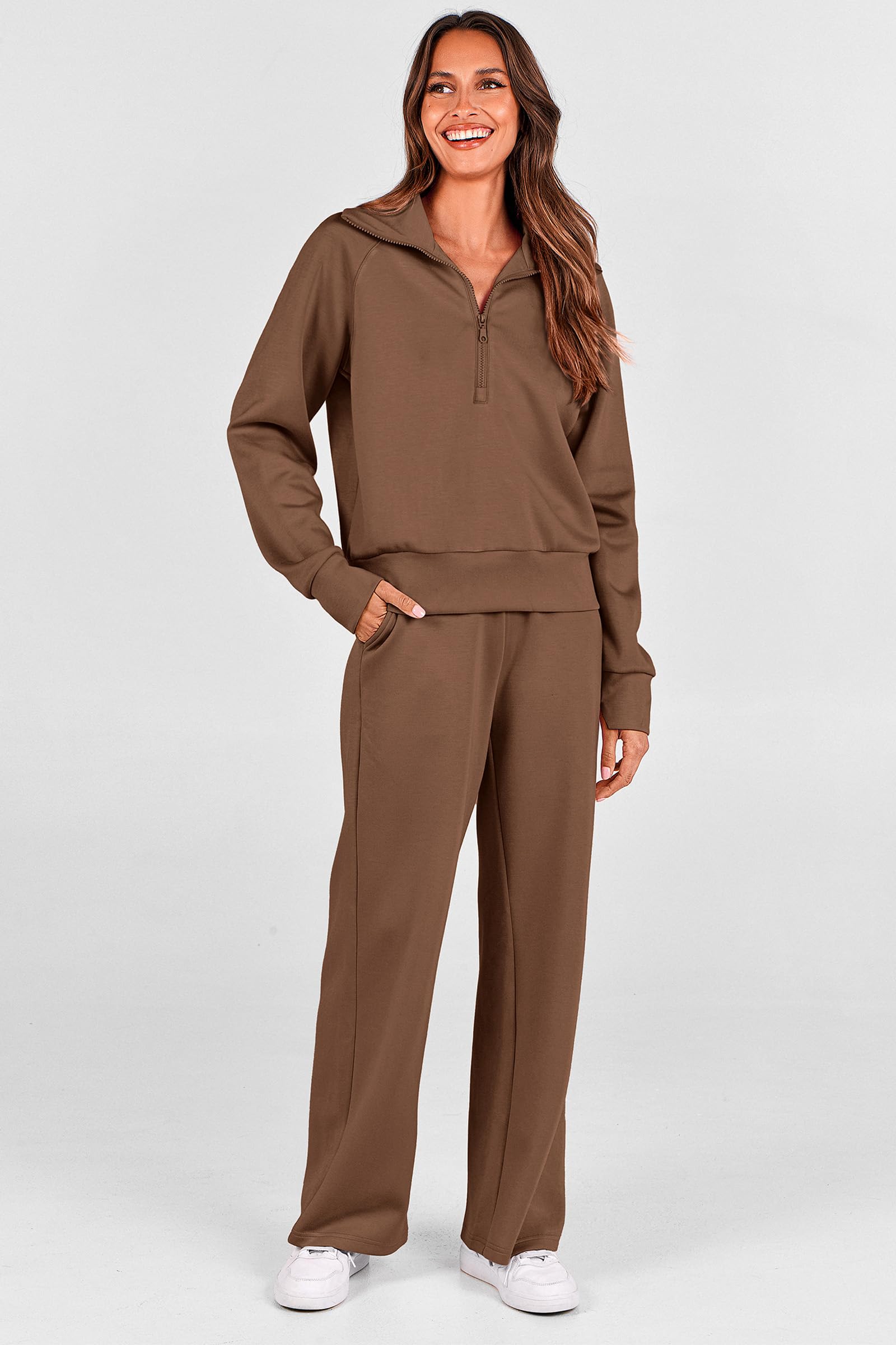 PRETTYGARDEN Women's 2 Piece Outfits Casual Lapel Half Zip Sweatshirts and Wide Leg Pants Tracksuit Sets