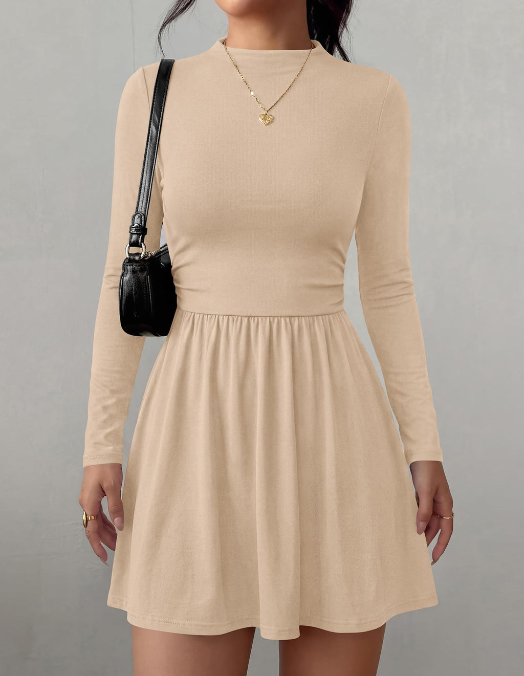 BTFBM Long Sleeve Dresses for Women Mock Neck A Line Flowy Mini Dress Swing Pleated Hem,Cocktail Party Club Holiday Going Out Outfits,Dressy Casual Winter,Trendy Early Fall Fashion Clothing