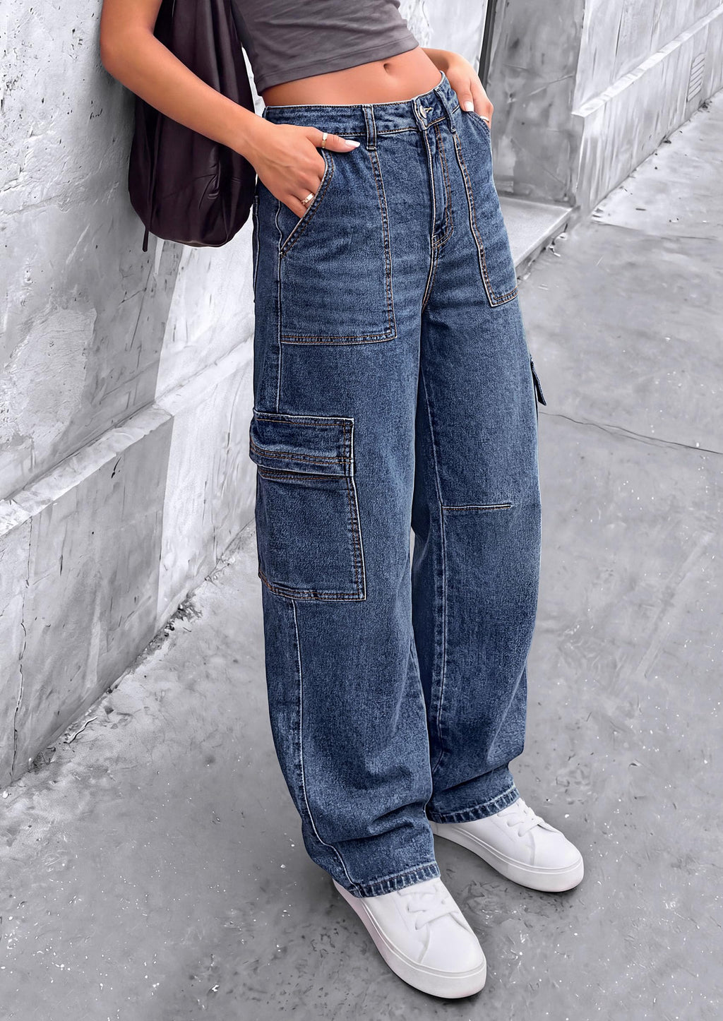 PRETTYGARDEN Barrel Pants Women Wide Leg Baggy Denim Jeans Relaxed Fit,Utility Pockets,Loose Streetwear,Boyfriend Style,Y2K Outfits,Fashion Cargo Pants,Fall Clothes