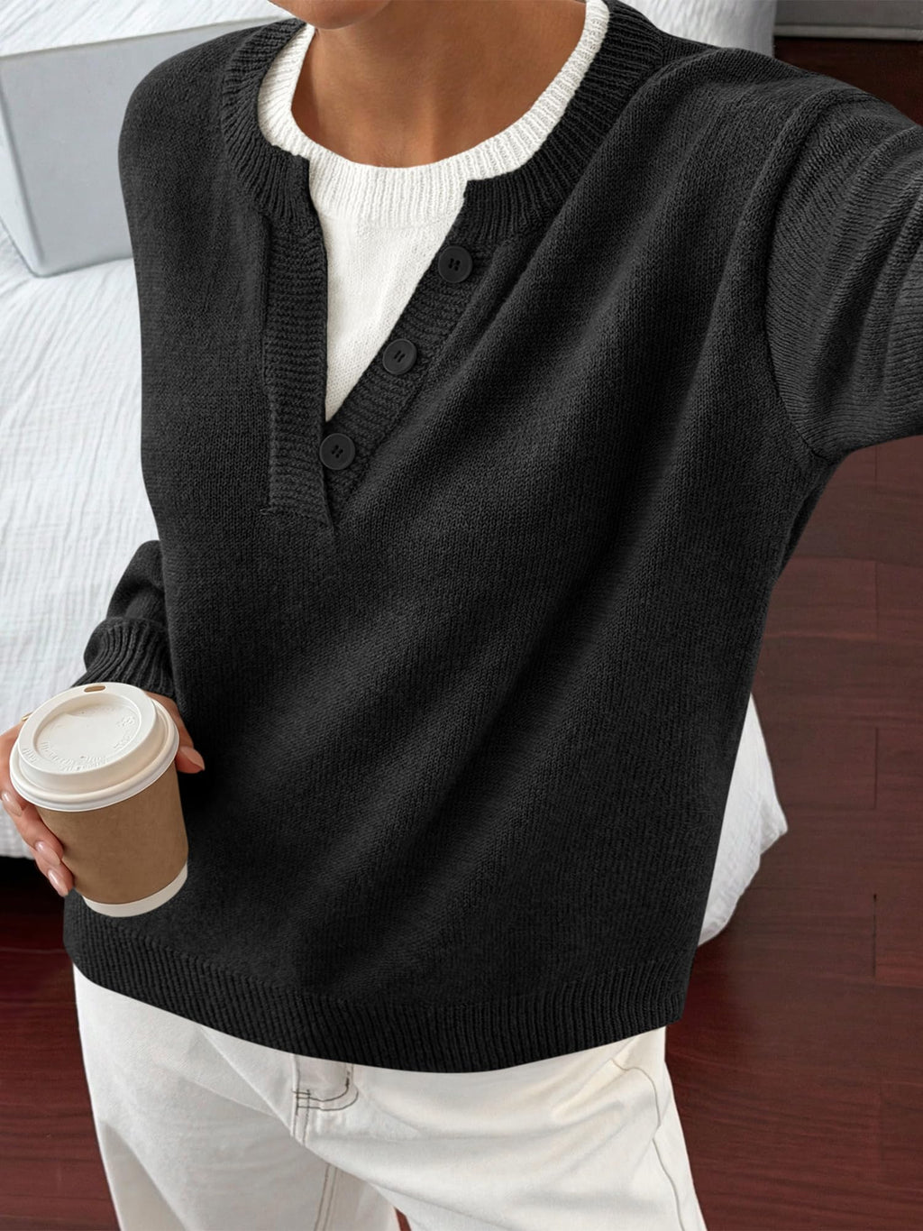 BTFBM Women Long Sleeve Crew Neck Sweaters Tops, 2 in1 Knitted Pullover, Deco Buttons, Oversized, Stretchy, Vacation, Business Casual Outfits, Fall Winter Trendy