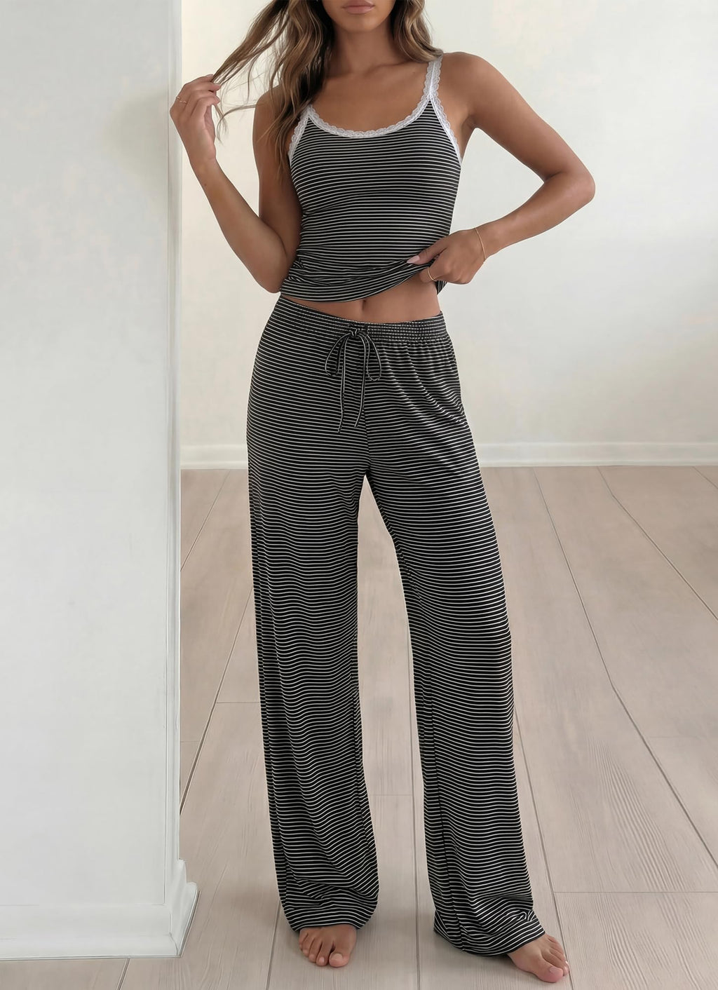 BTFBM Lounge Sets For Women Striped 2 Piece Pajama Sets Spaghetti Strap Tops Wide Leg Pants Beach Vacation Outfits