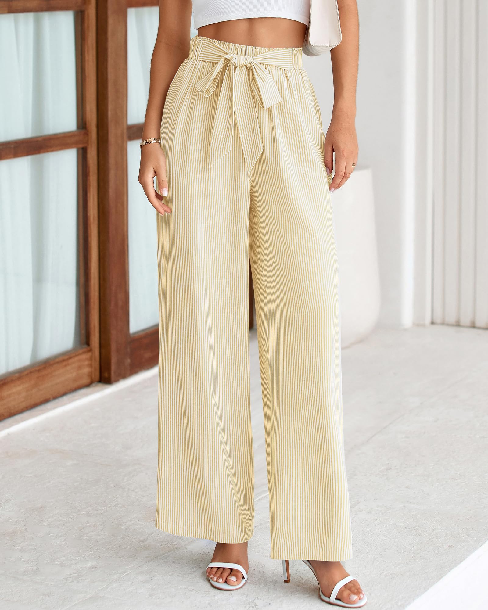 FreshPretty Palazzo Pants for Women  Fall Striped Flowy Tie Knot Wide Leg High Waist Dressy Casual Work Pants Trousers